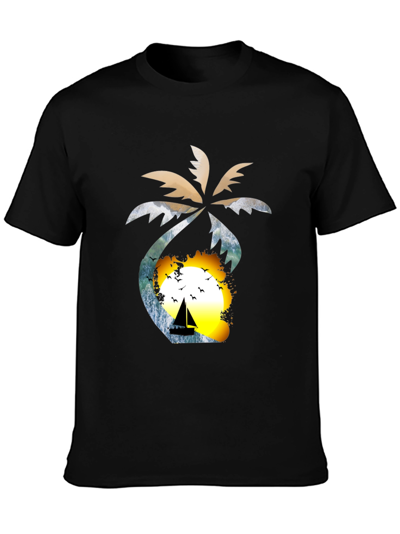 Tropical Sunset T-Shirt: Palm Tree Sailboat Design
