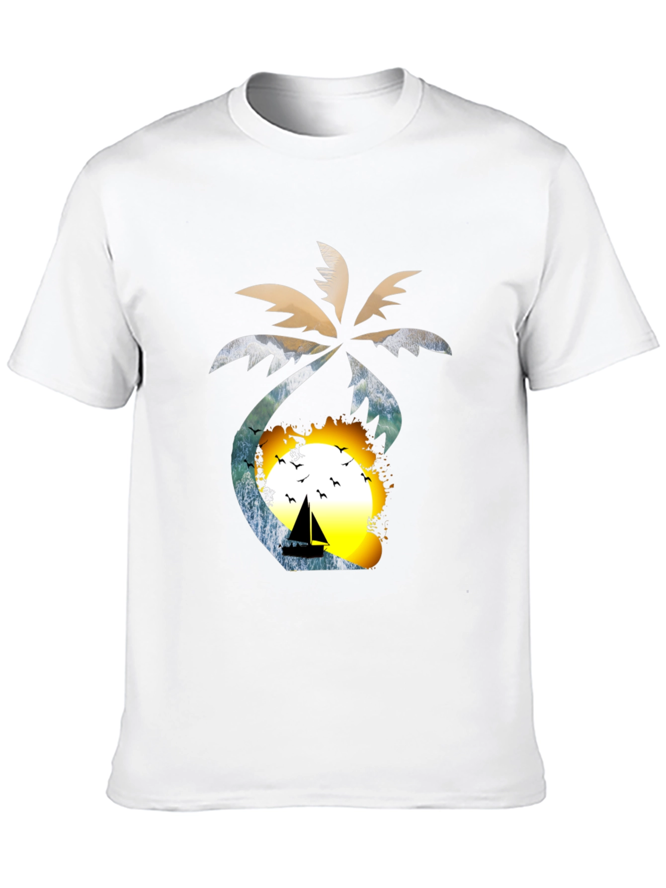 Tropical Sunset T-Shirt: Palm Tree Sailboat Design
