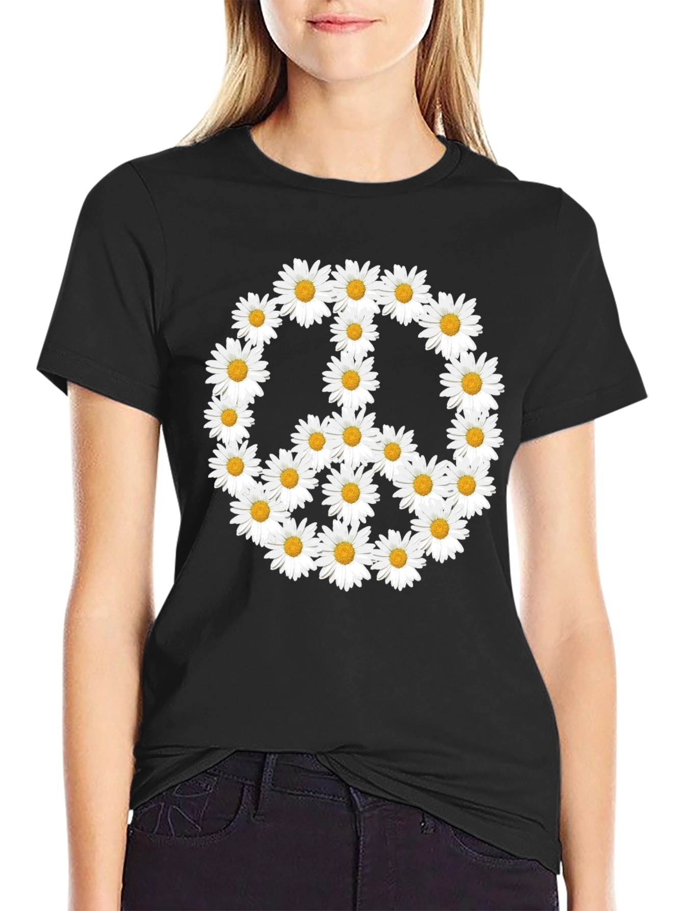 Daisy Peace Sign T-Shirt - Black Crew Neck