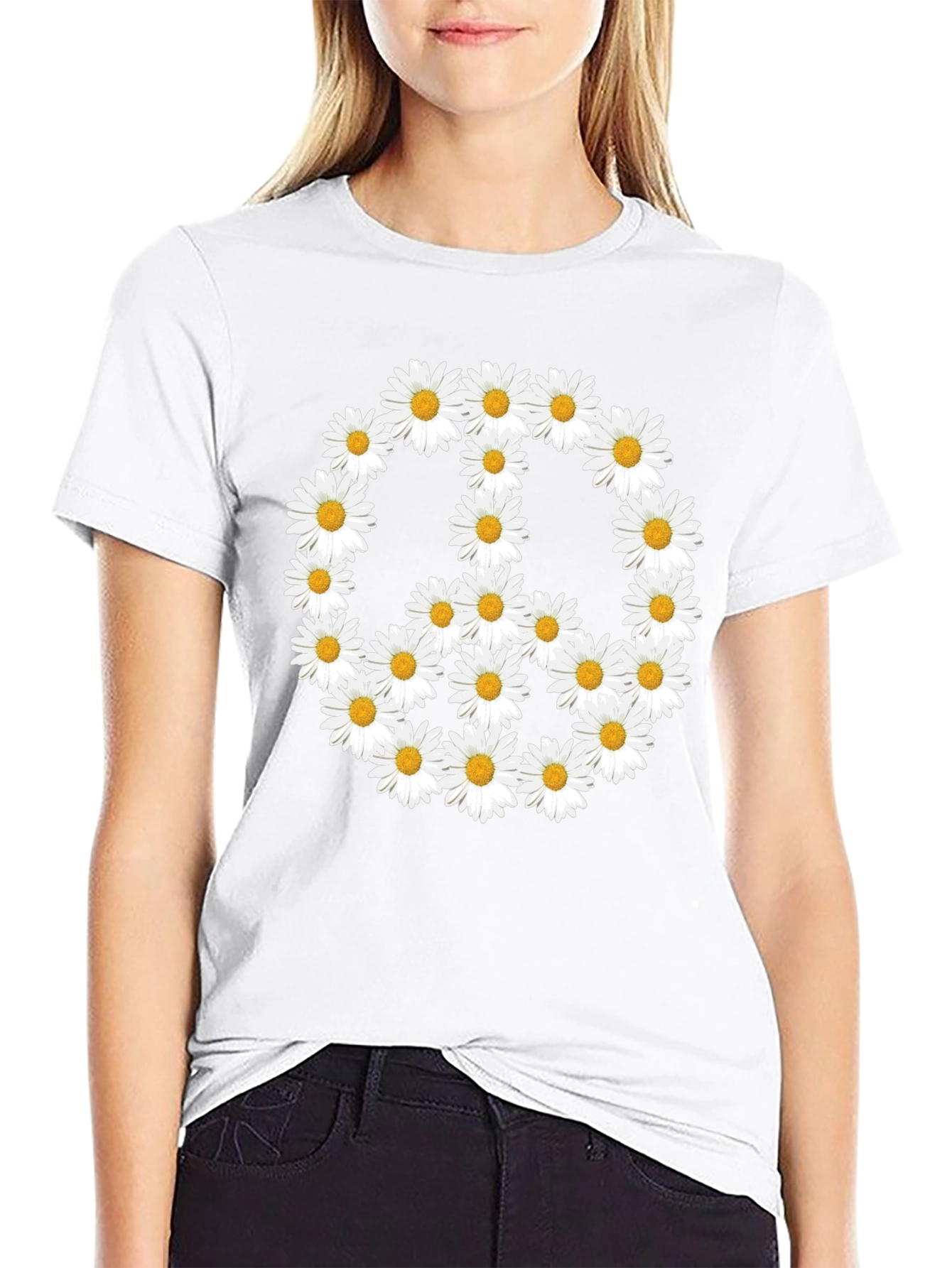 Daisy Peace Sign T-Shirt - Black Crew Neck