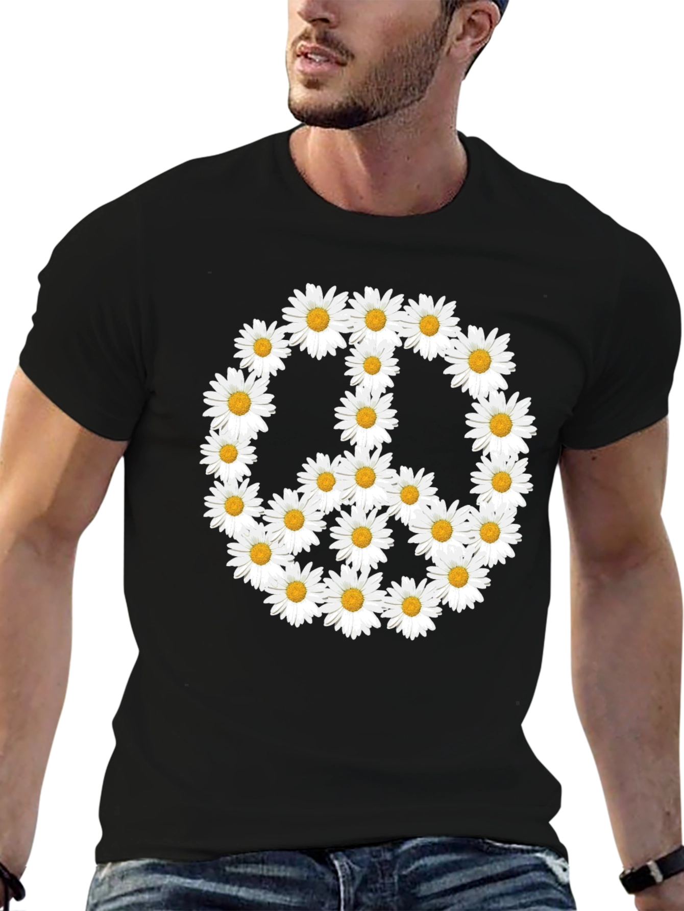 Daisy Peace Sign T-Shirt - Black Crew Neck
