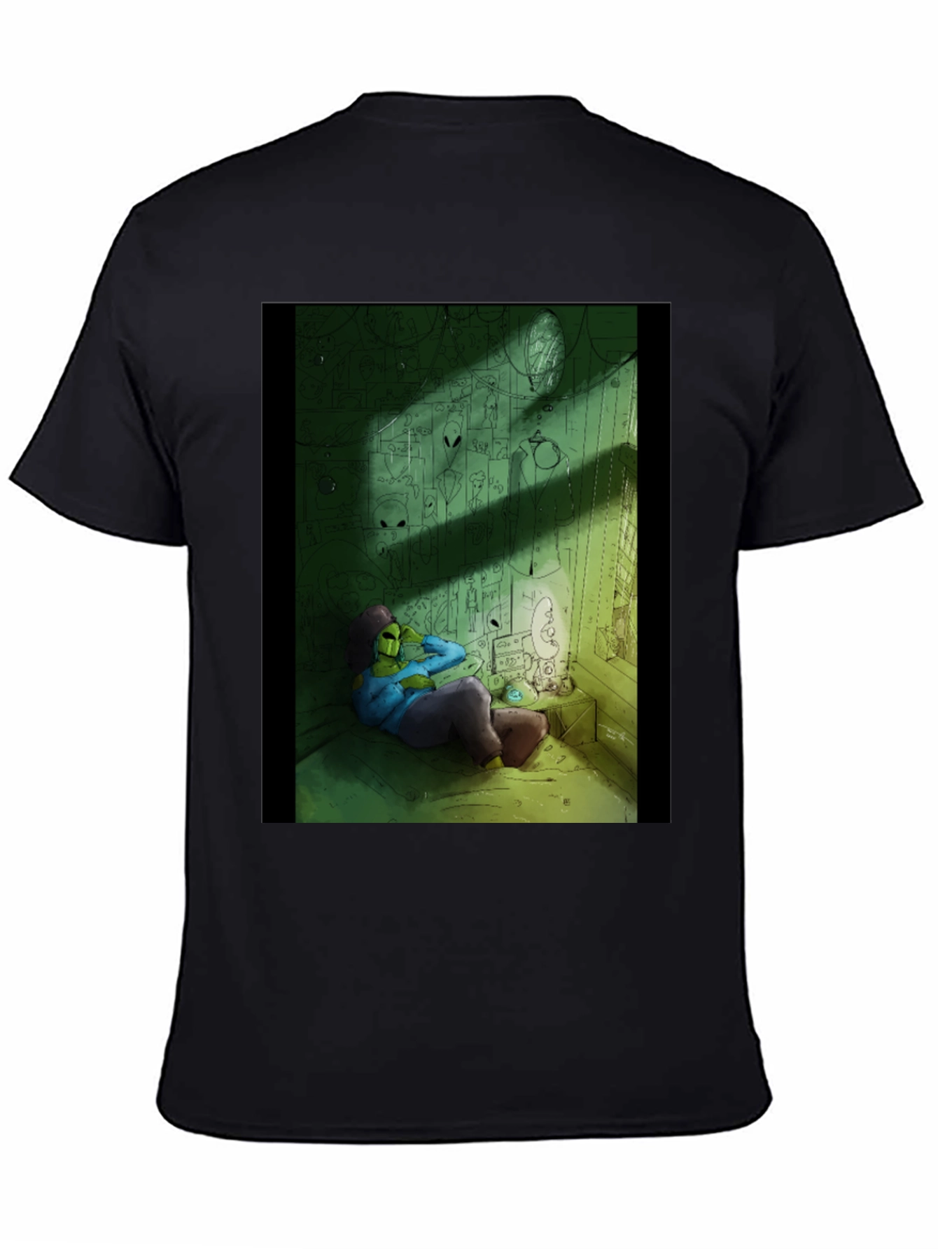 Mens Black Graphic T-Shirt - Alien Room Print