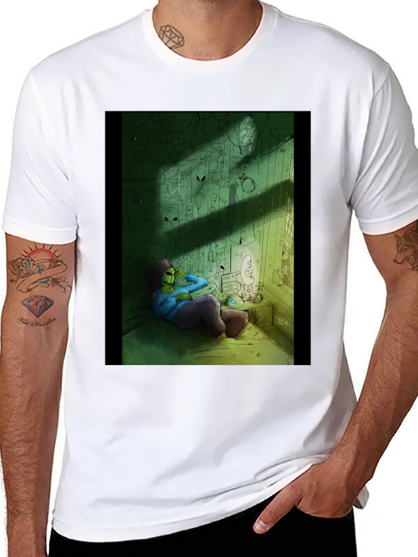 Mens Black Graphic T-Shirt - Alien Room Print