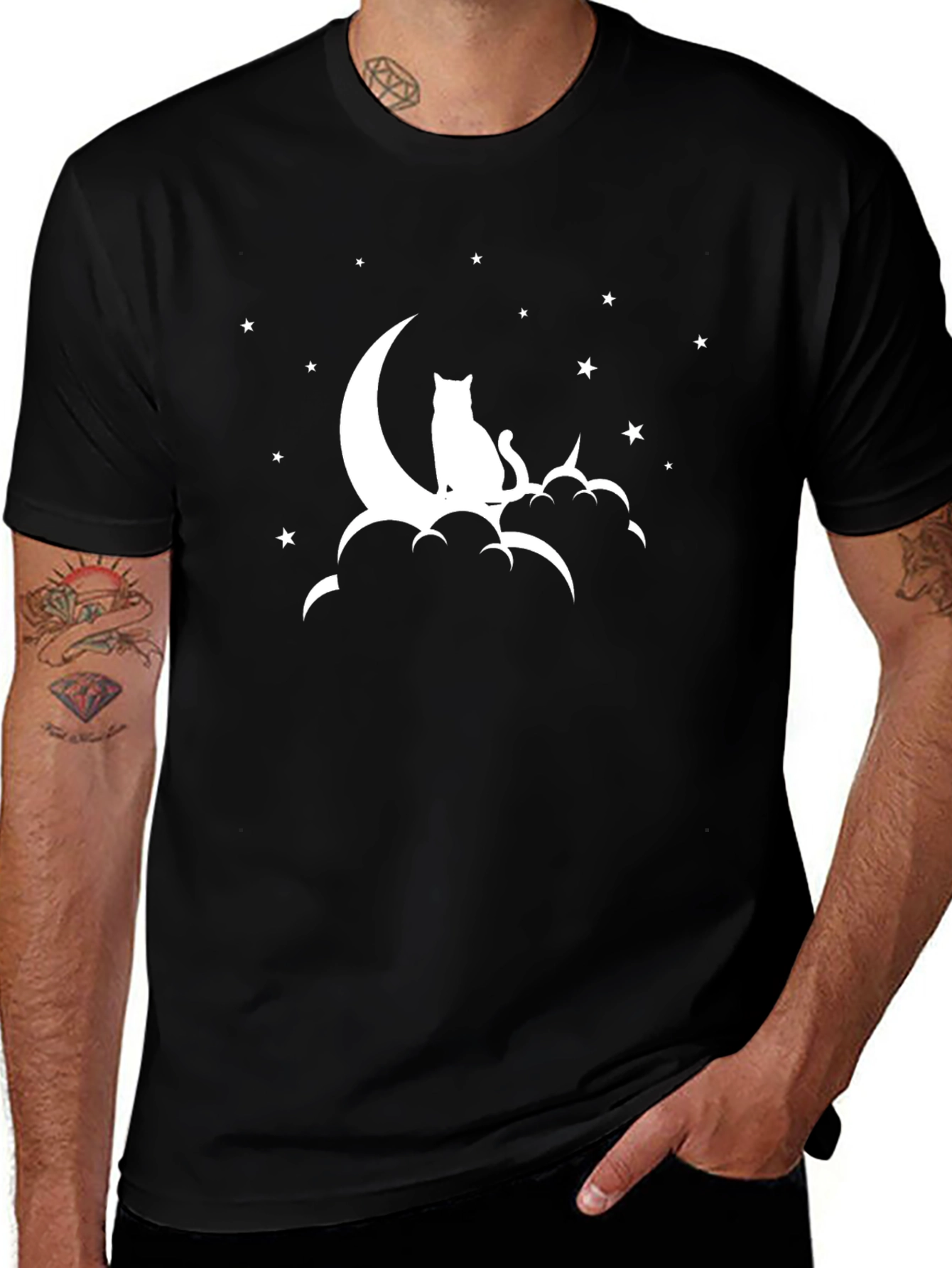 Celestial Cat T-Shirt - Moon and Stars Design