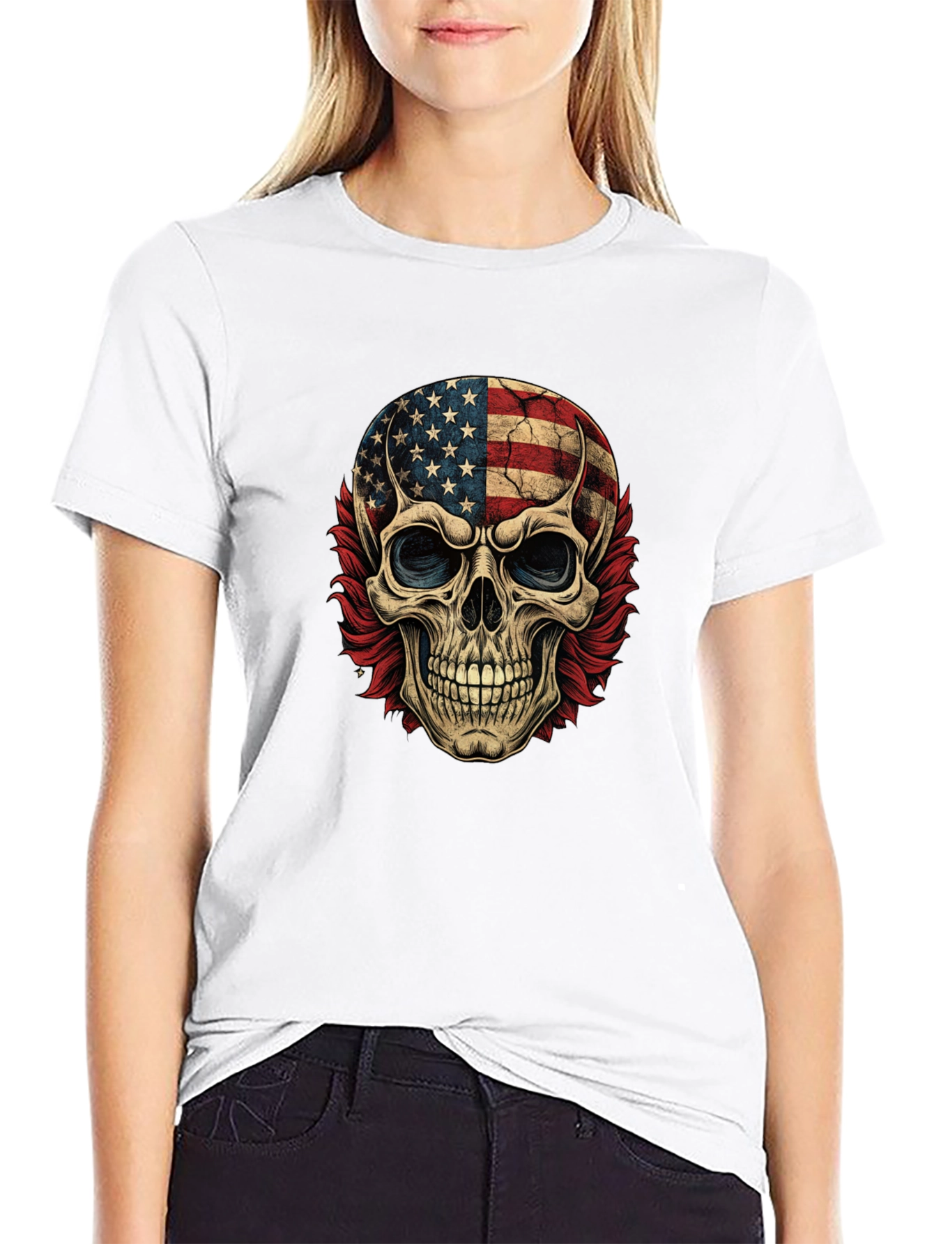 American Flag Skull Graphic Print Tee