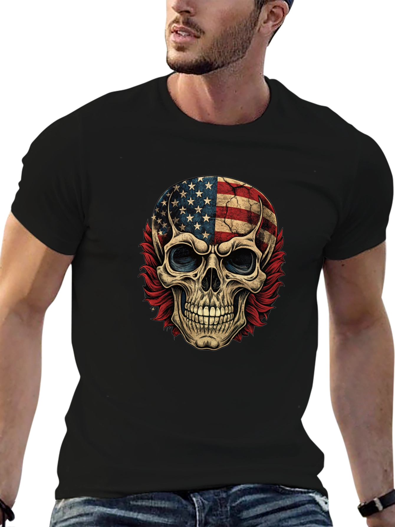 American Flag Skull Graphic Print Tee
