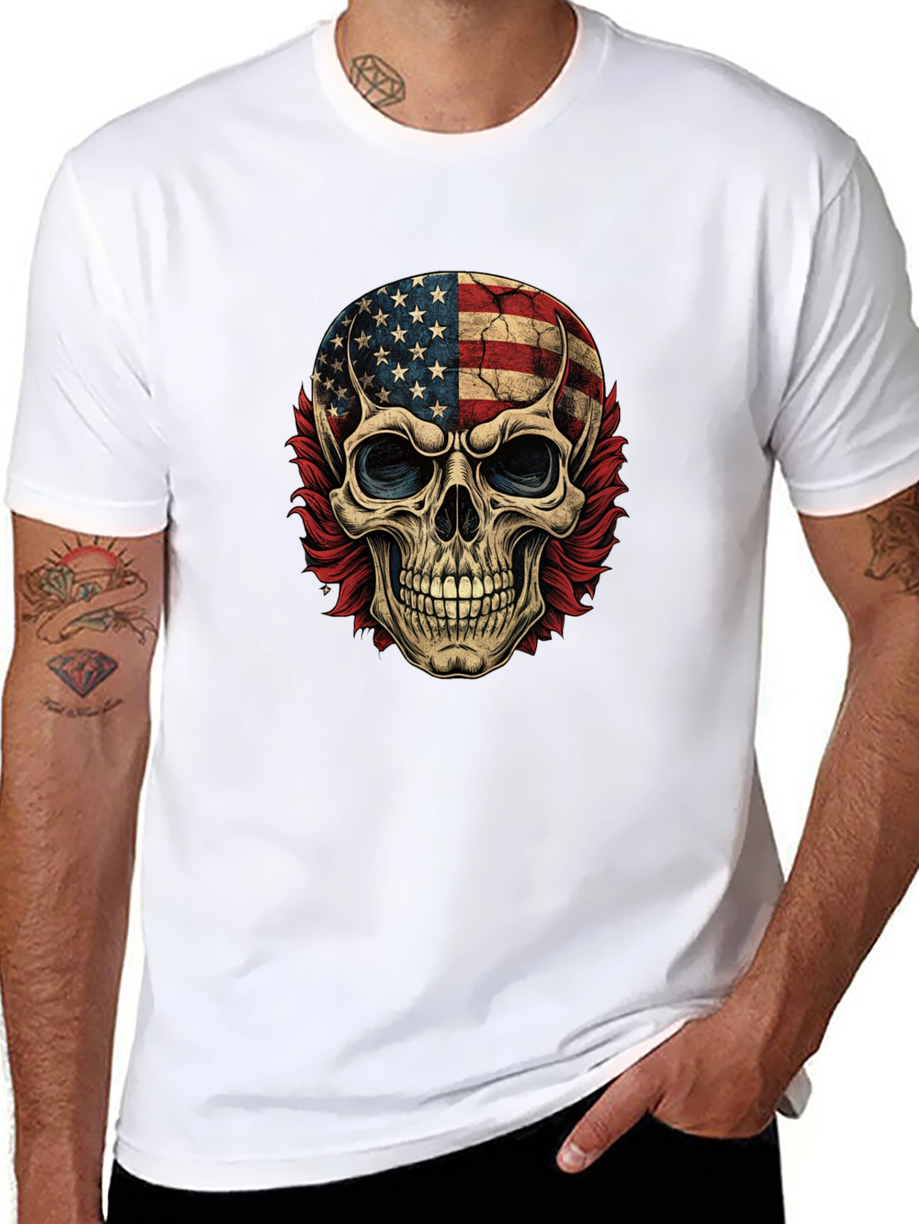 American Flag Skull Graphic Print Tee