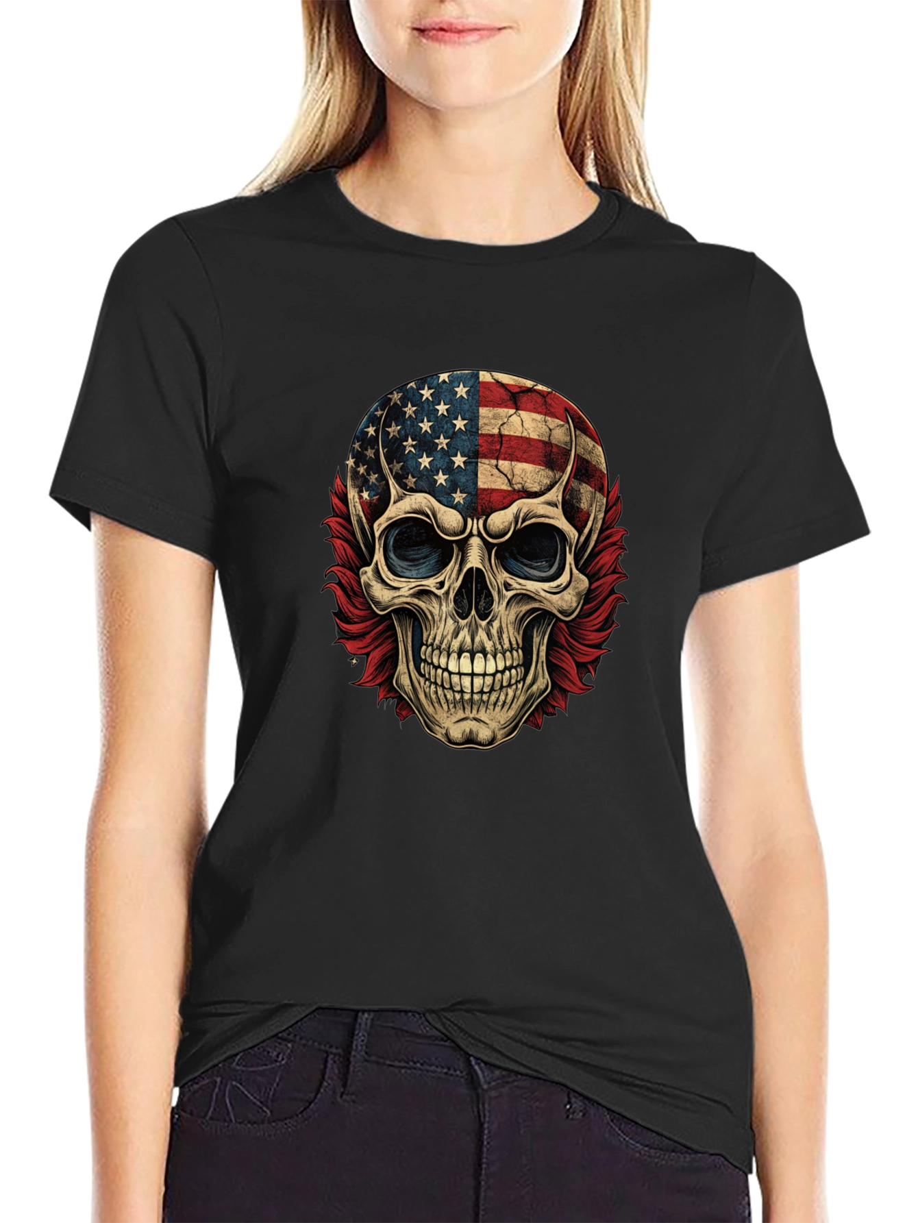 American Flag Skull Graphic Print Tee