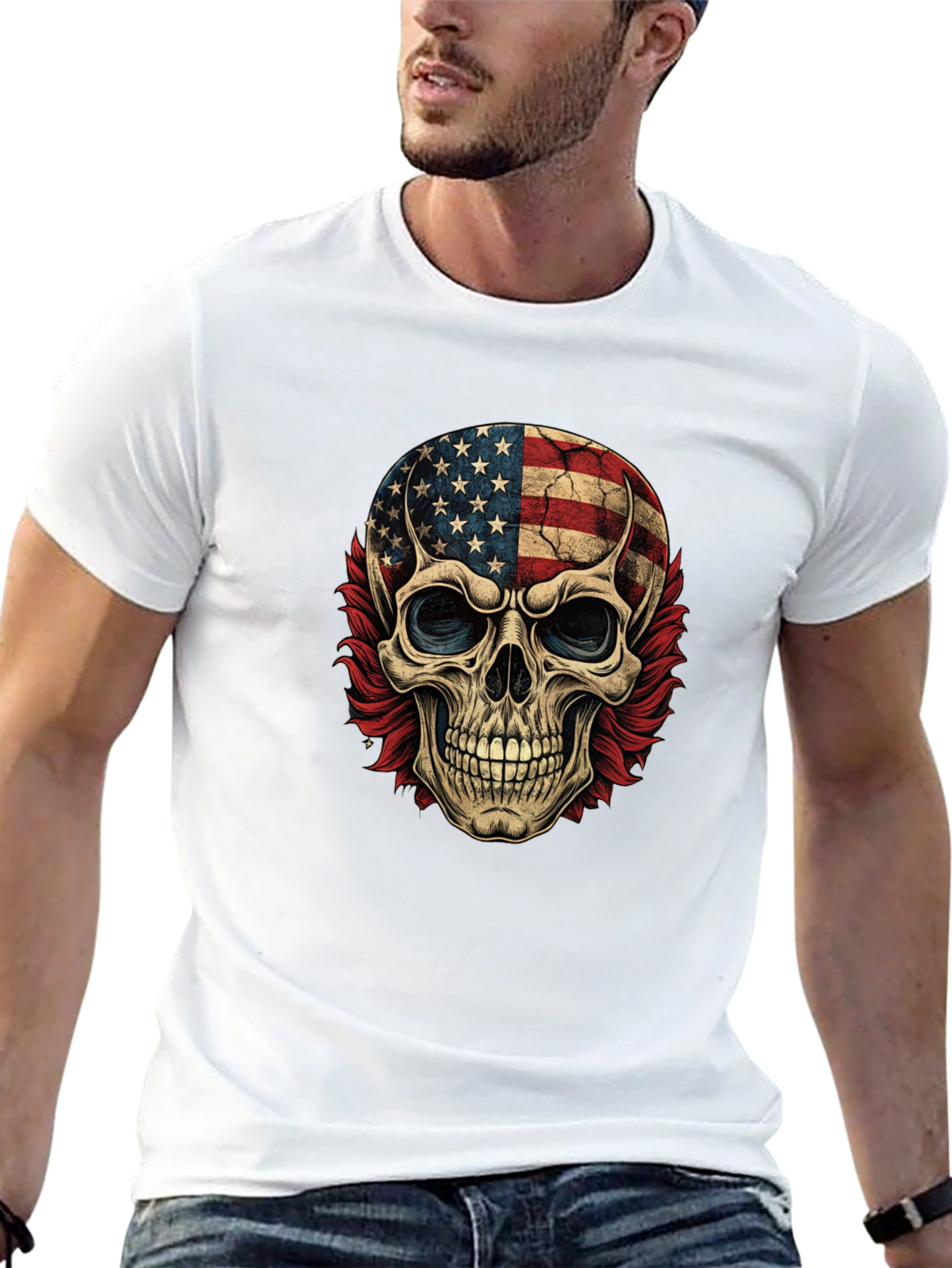 American Flag Skull Graphic Print Tee