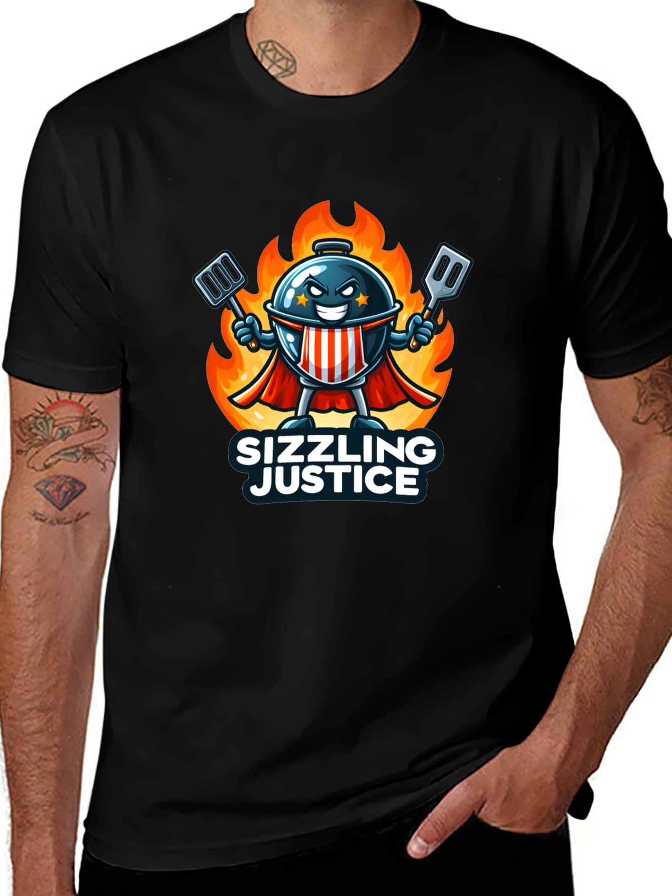 Sizzling Justice T-Shirt - Grill Master Hero Design