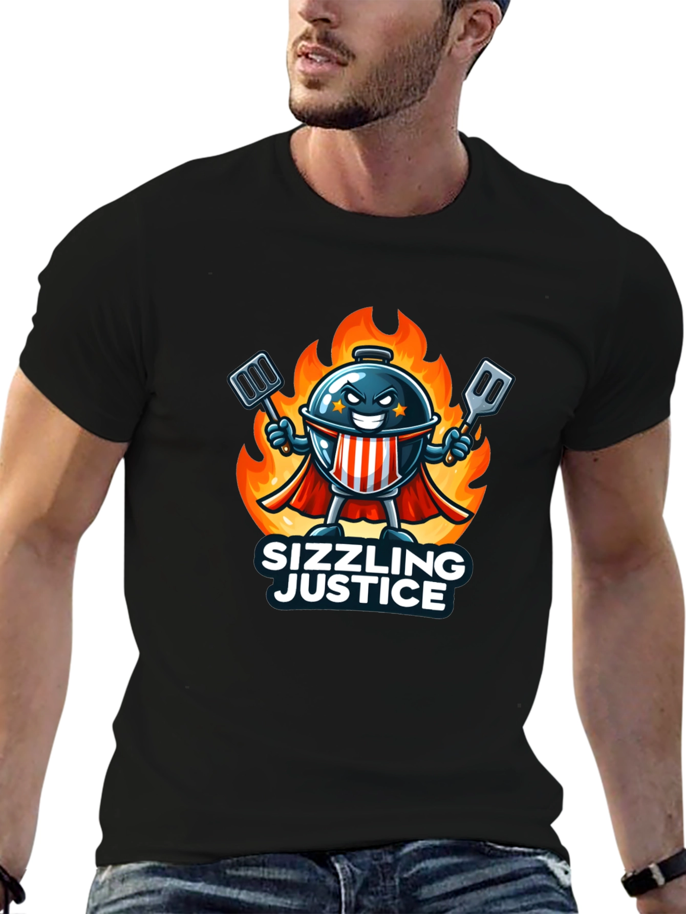 Sizzling Justice T-Shirt - Grill Master Hero Design