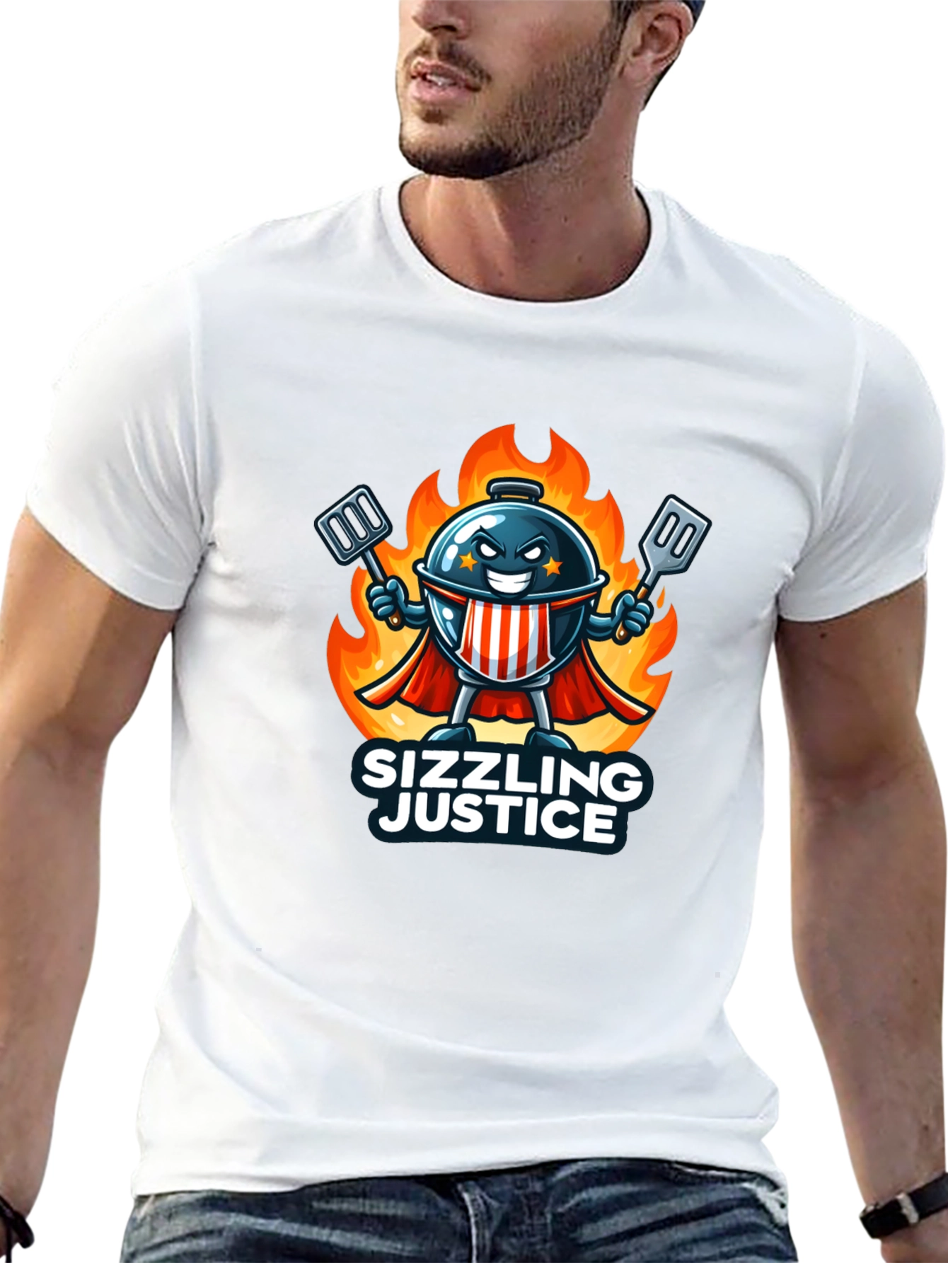 Sizzling Justice T-Shirt - Grill Master Hero Design
