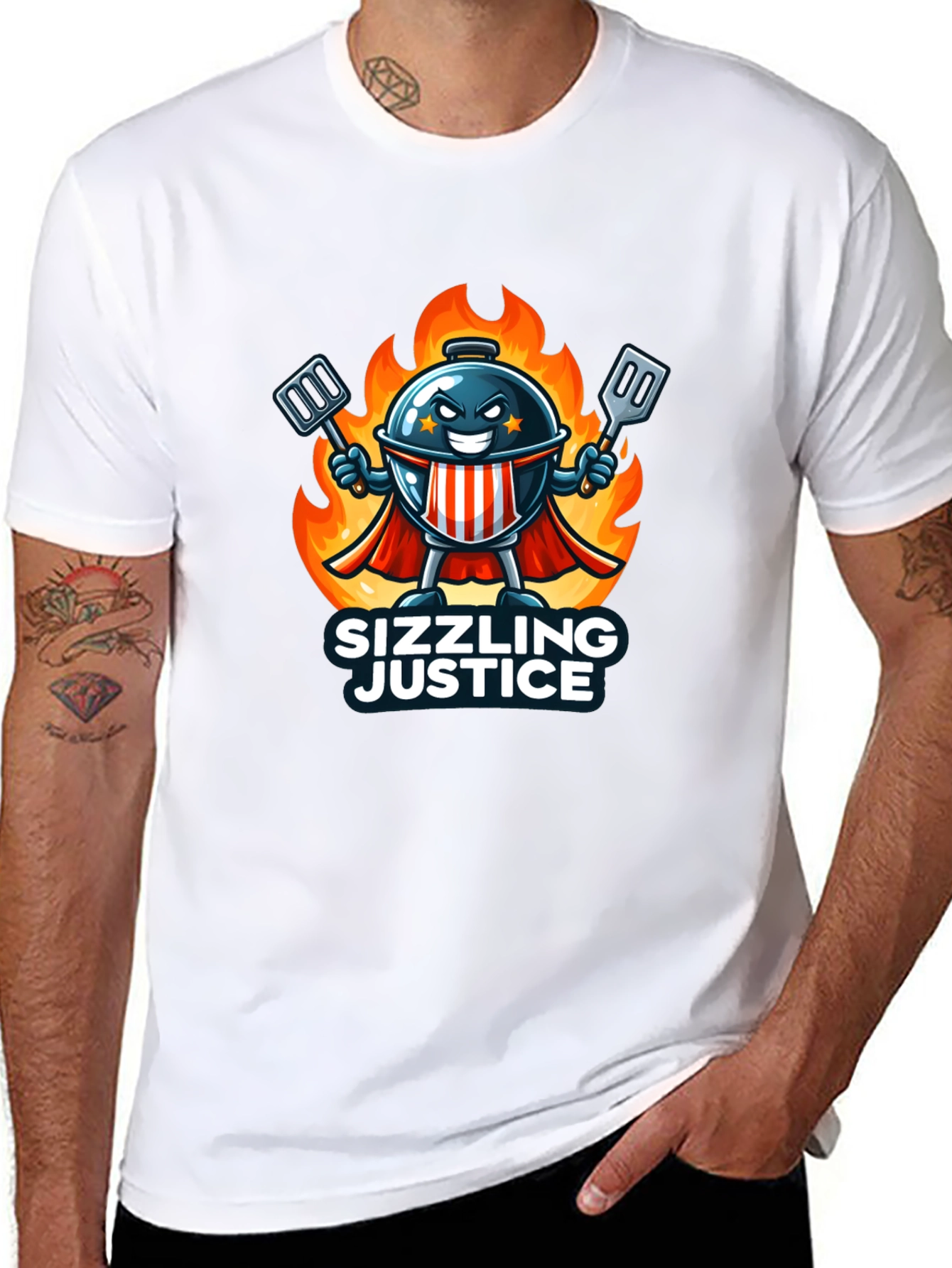 Sizzling Justice T-Shirt - Grill Master Hero Design
