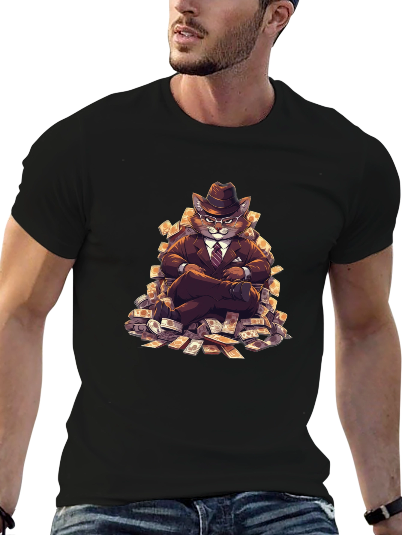 Black T-Shirt with Cat Boss Design