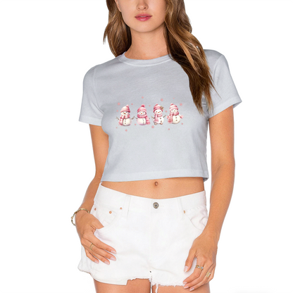 Soft Pastel Pink Snowman Winter Cute Women Crop T?Shirt