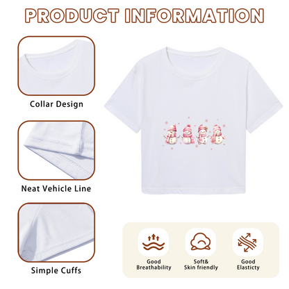 Soft Pastel Pink Snowman Winter Cute Women Crop T?Shirt