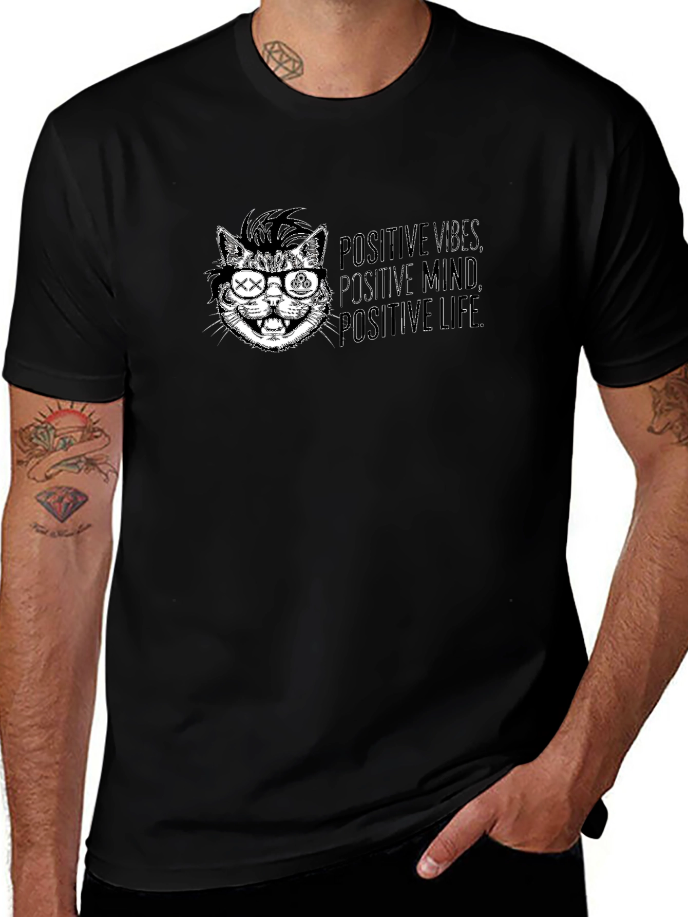 Positive Vibes Cat Graphic Tee - Cool Casual Style