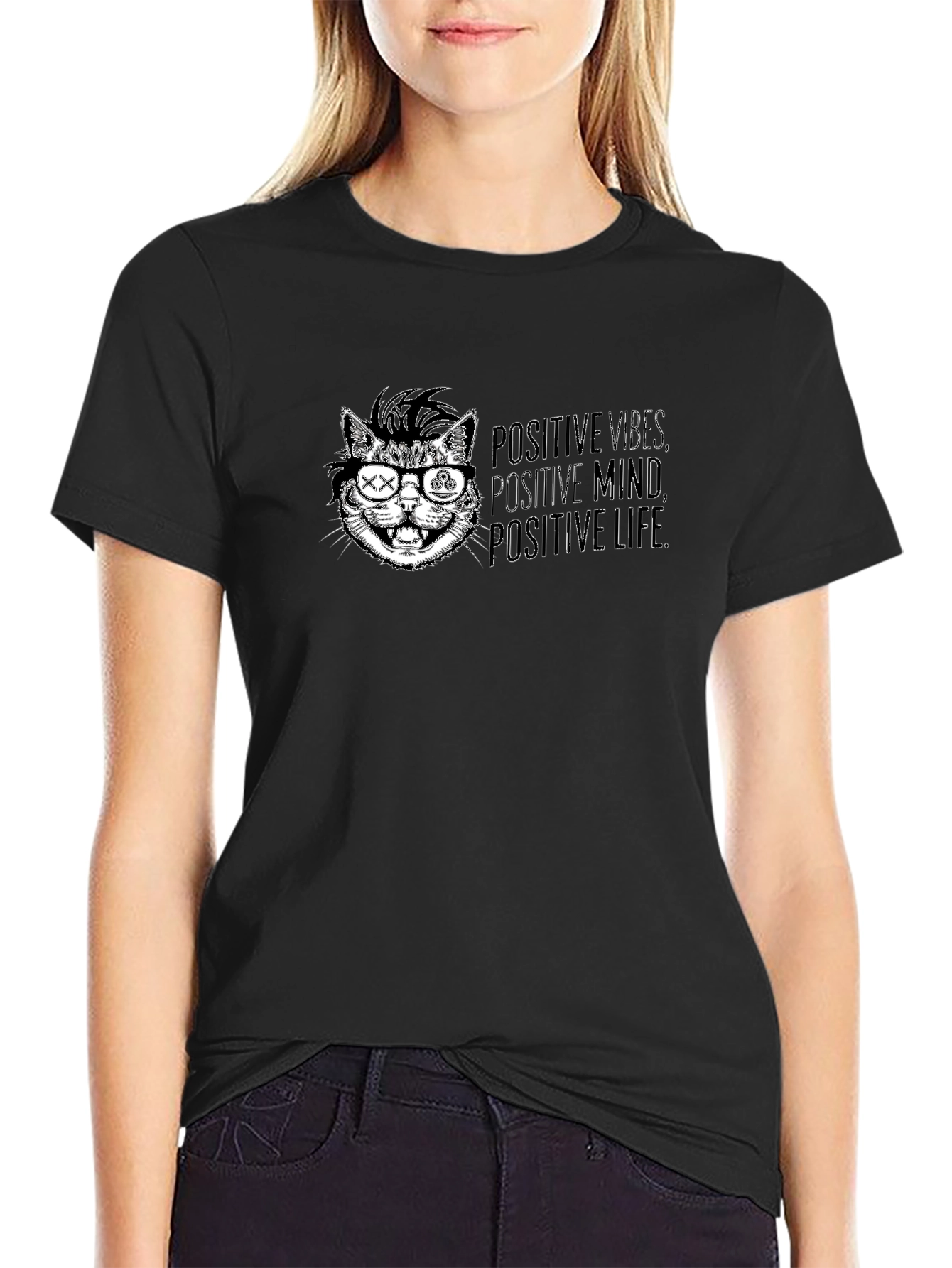 Positive Vibes Cat Graphic Tee - Cool Casual Style