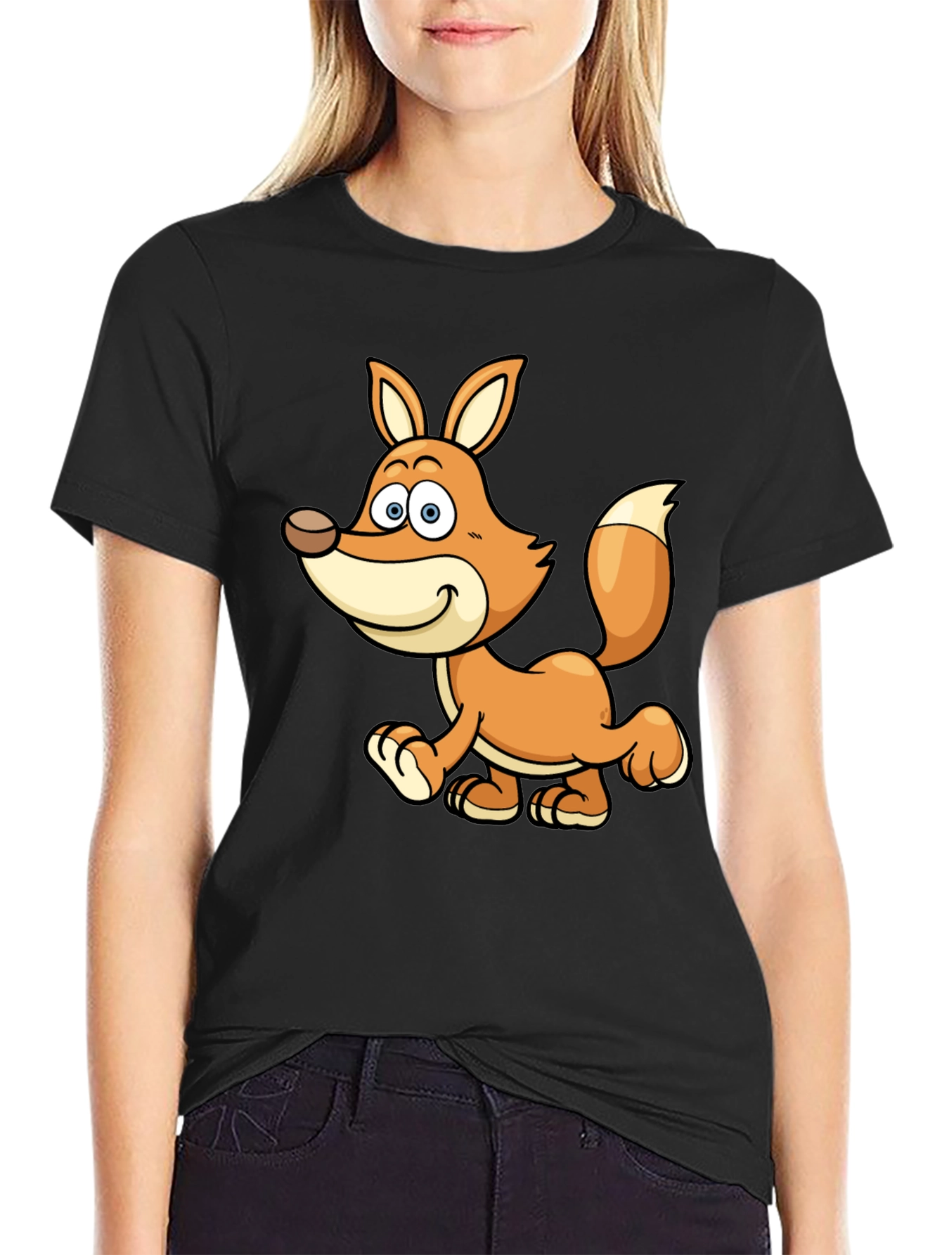 Cute Cartoon Fox Black T-Shirt