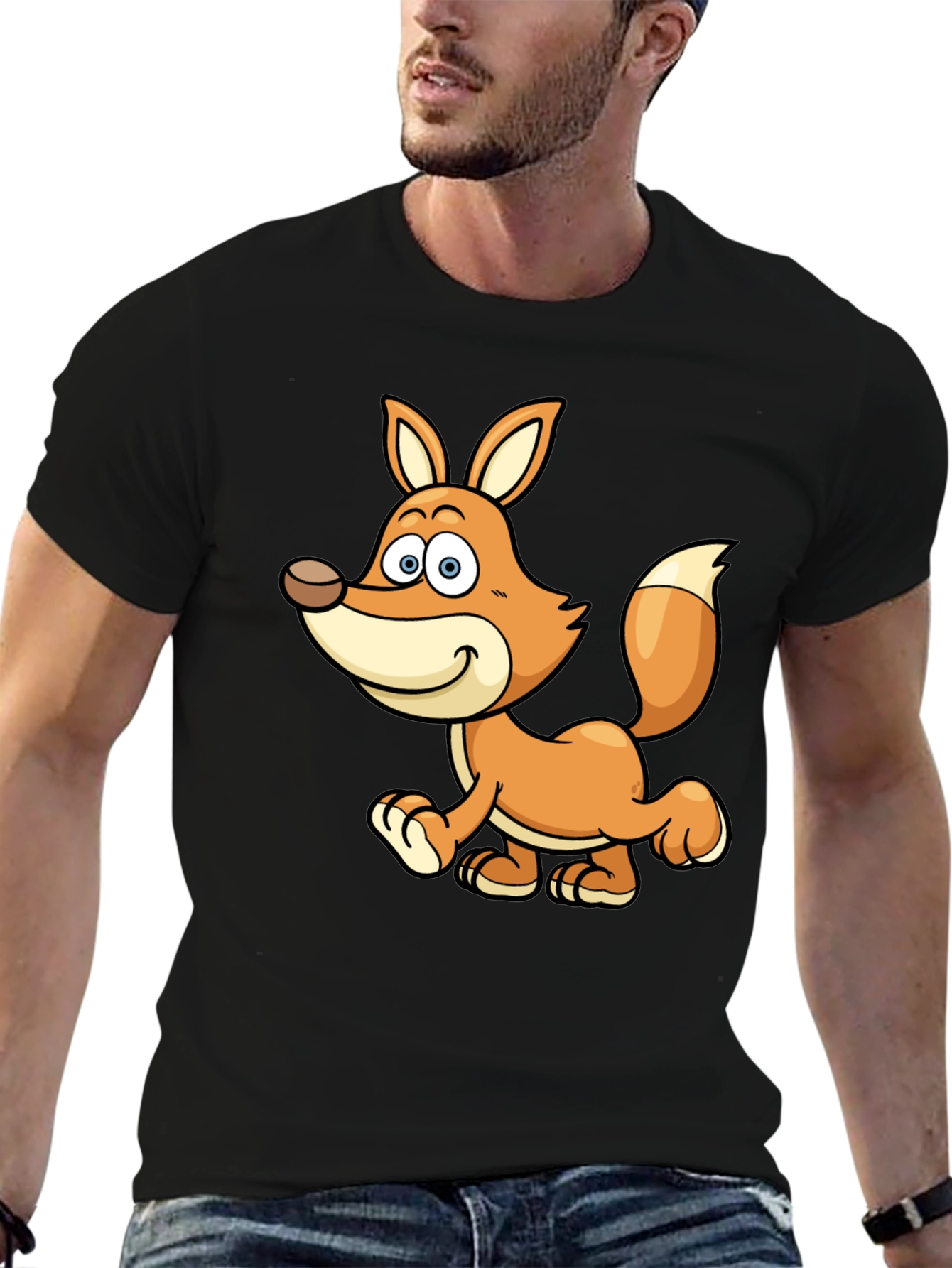 Cute Cartoon Fox Black T-Shirt