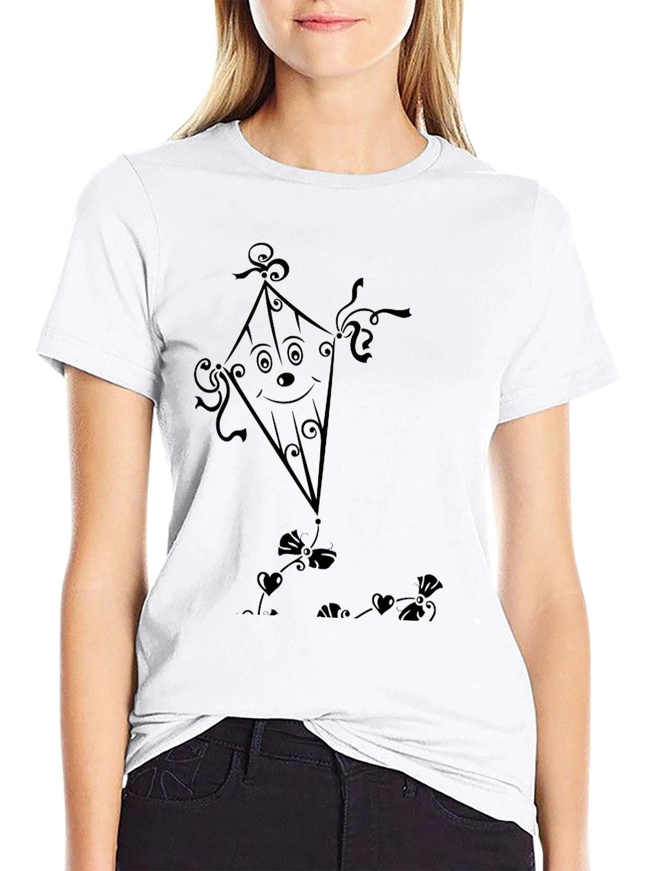 Whimsical Kite Graphic Tee - Black Cotton Casual Shirt