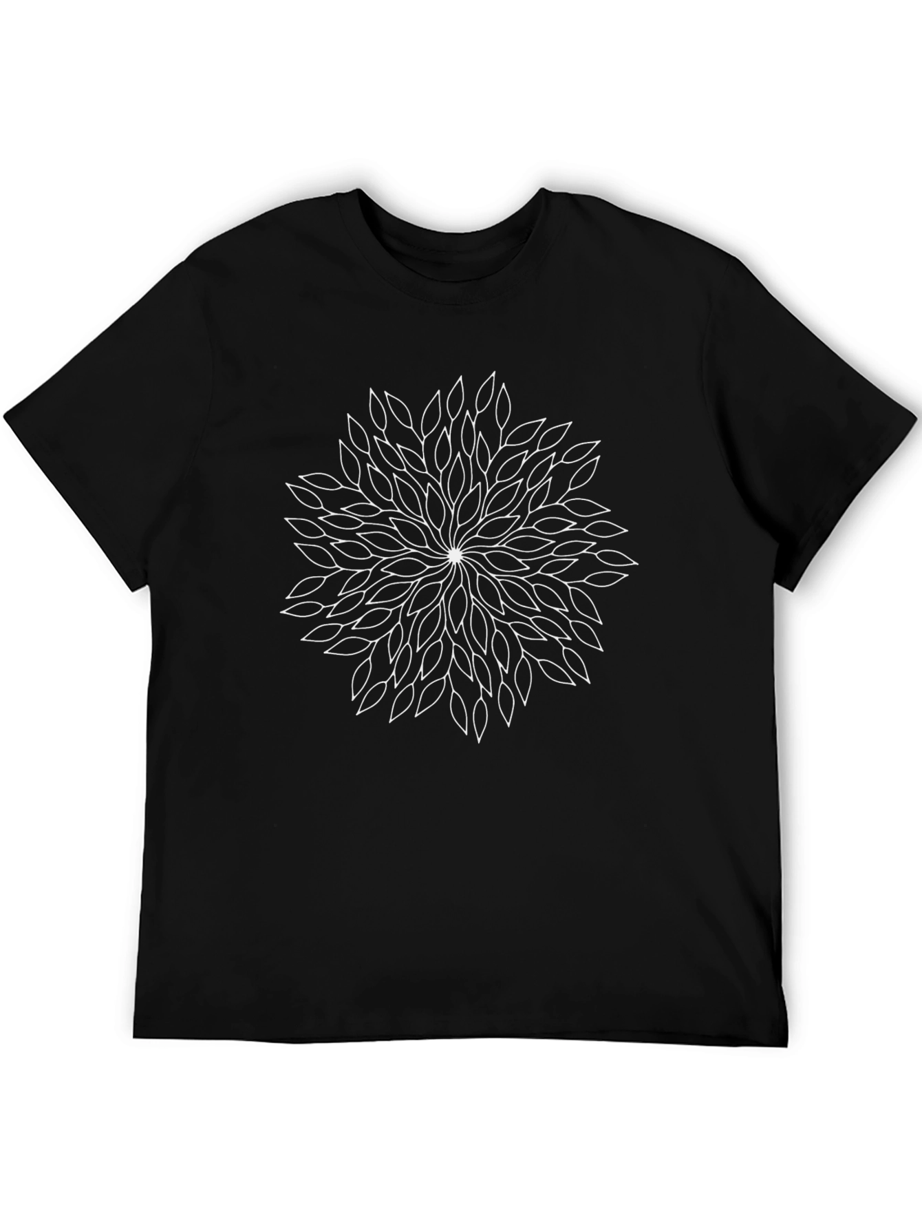 Black T-Shirt with White Leaf Mandala Design