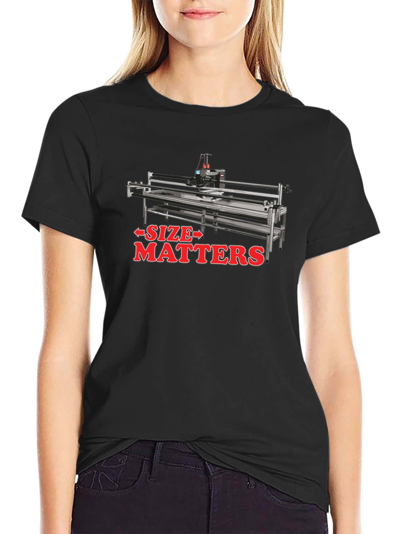 Size Matters Quilting Machine Black T-Shirt