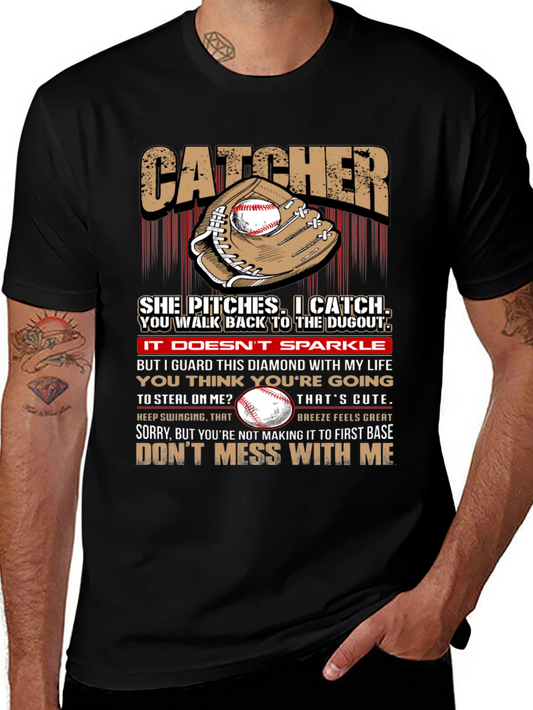 Catcher Baseball T-Shirt: She Pitches I Catch