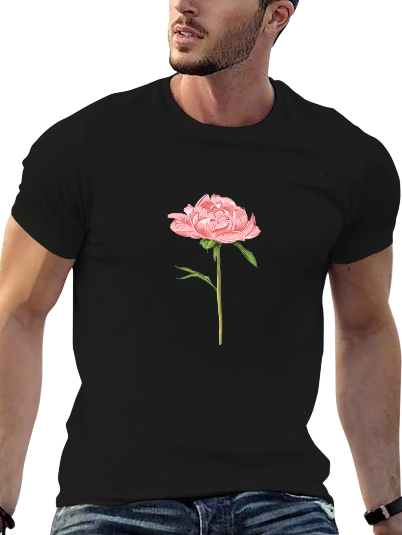 Mens Black T-Shirt with Pink Peony Flower Graphic