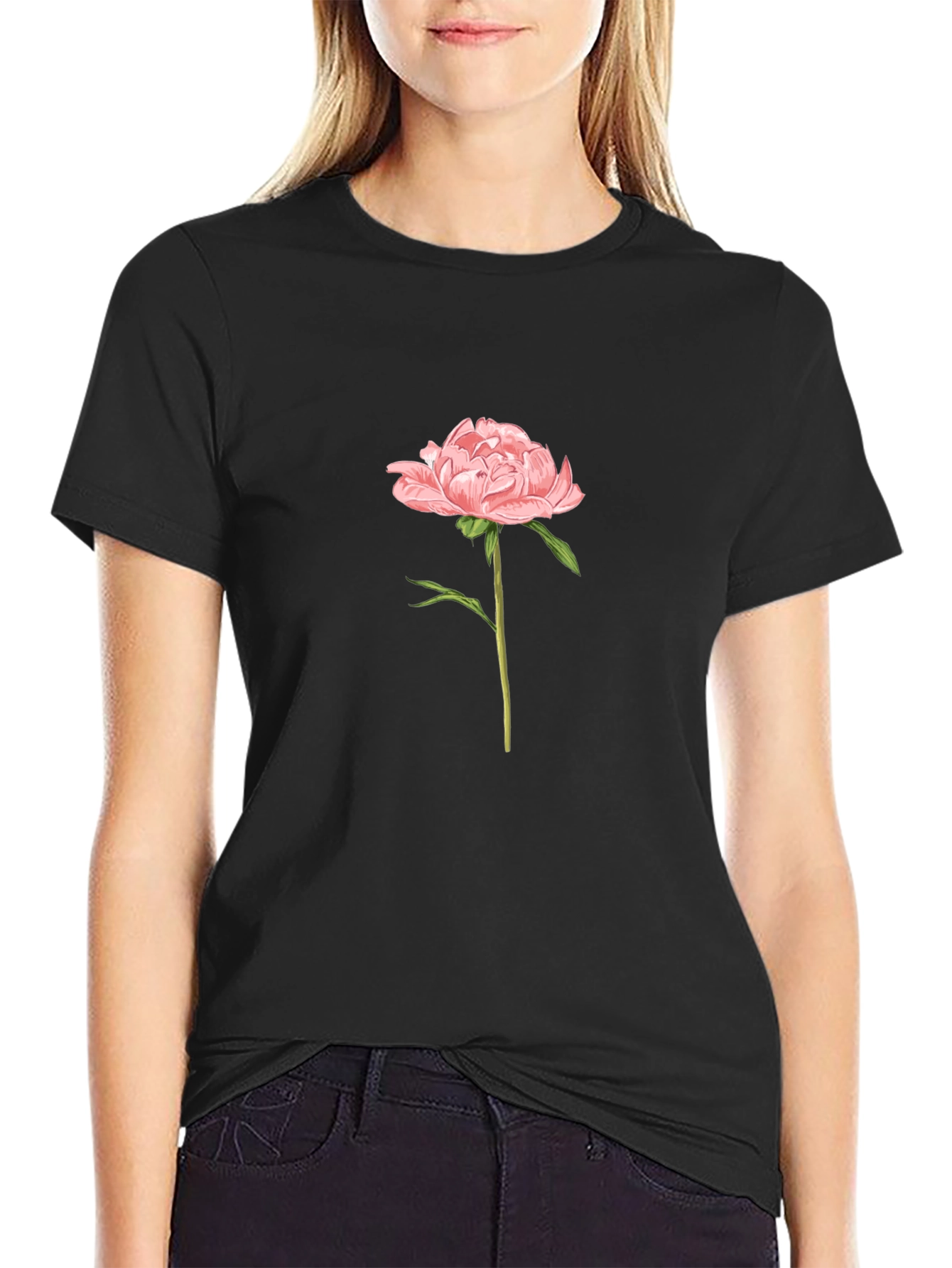 Mens Black T-Shirt with Pink Peony Flower Graphic