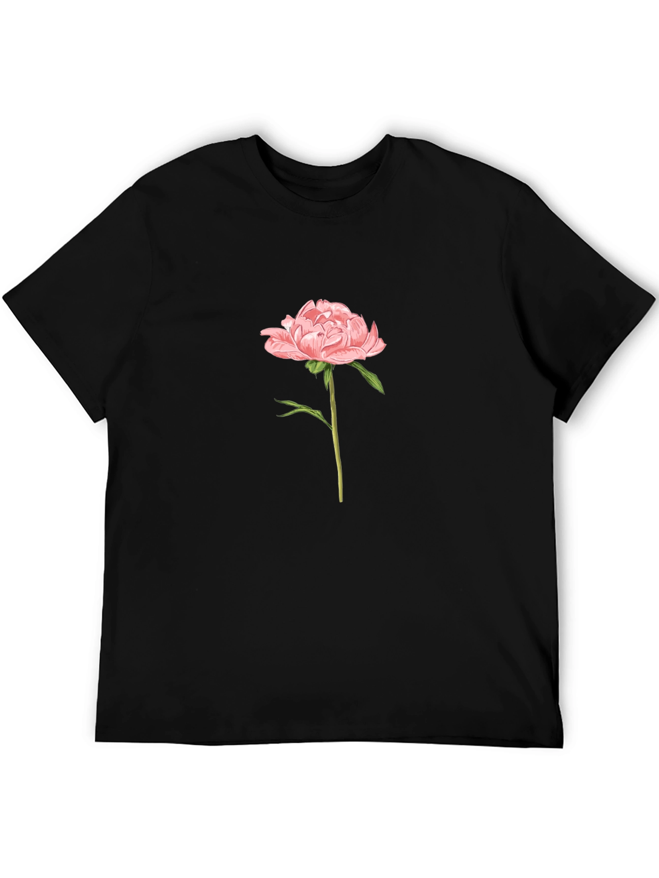 Mens Black T-Shirt with Pink Peony Flower Graphic
