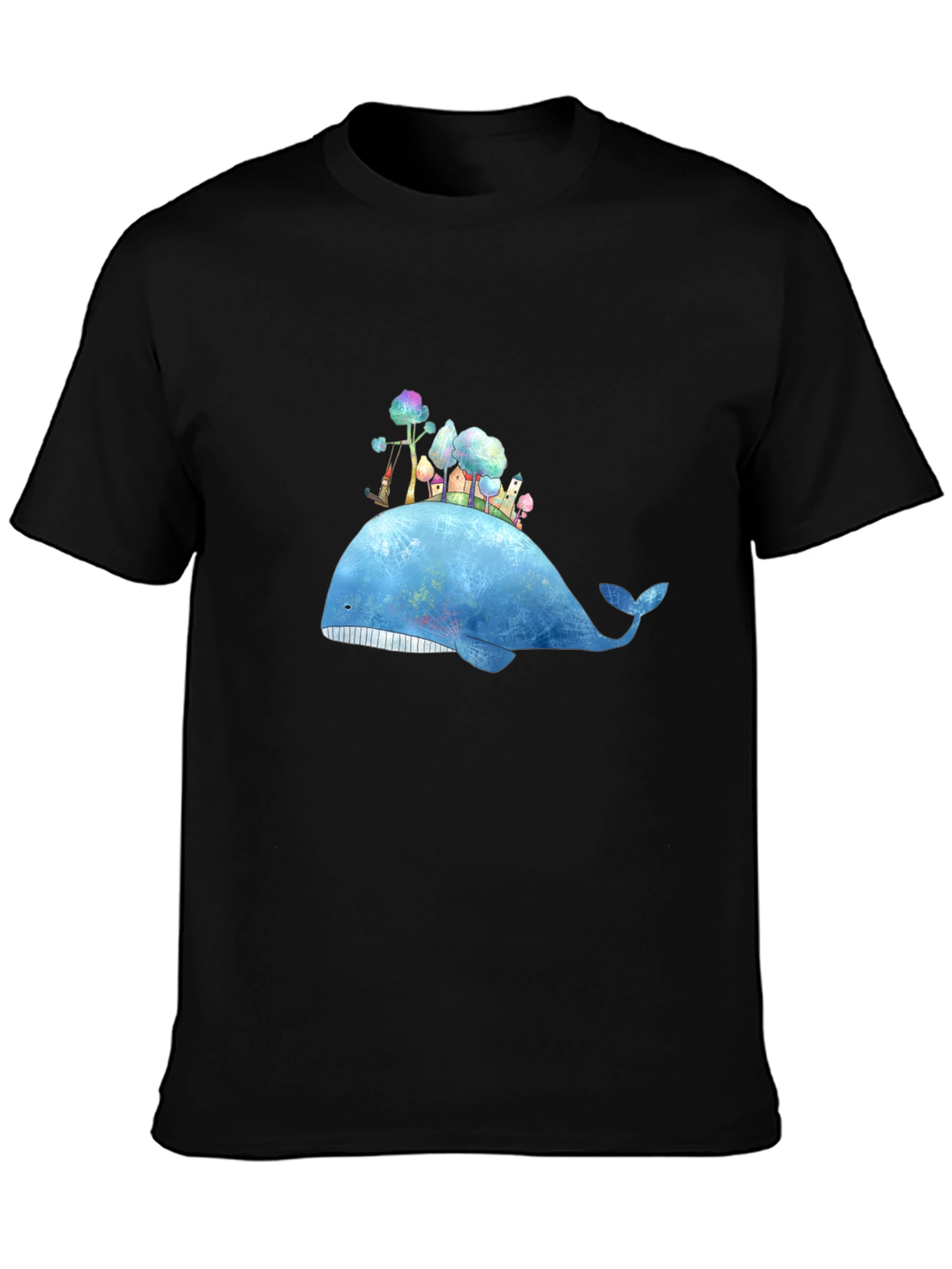 Whimsical Whale Island Graphic Tee - Black