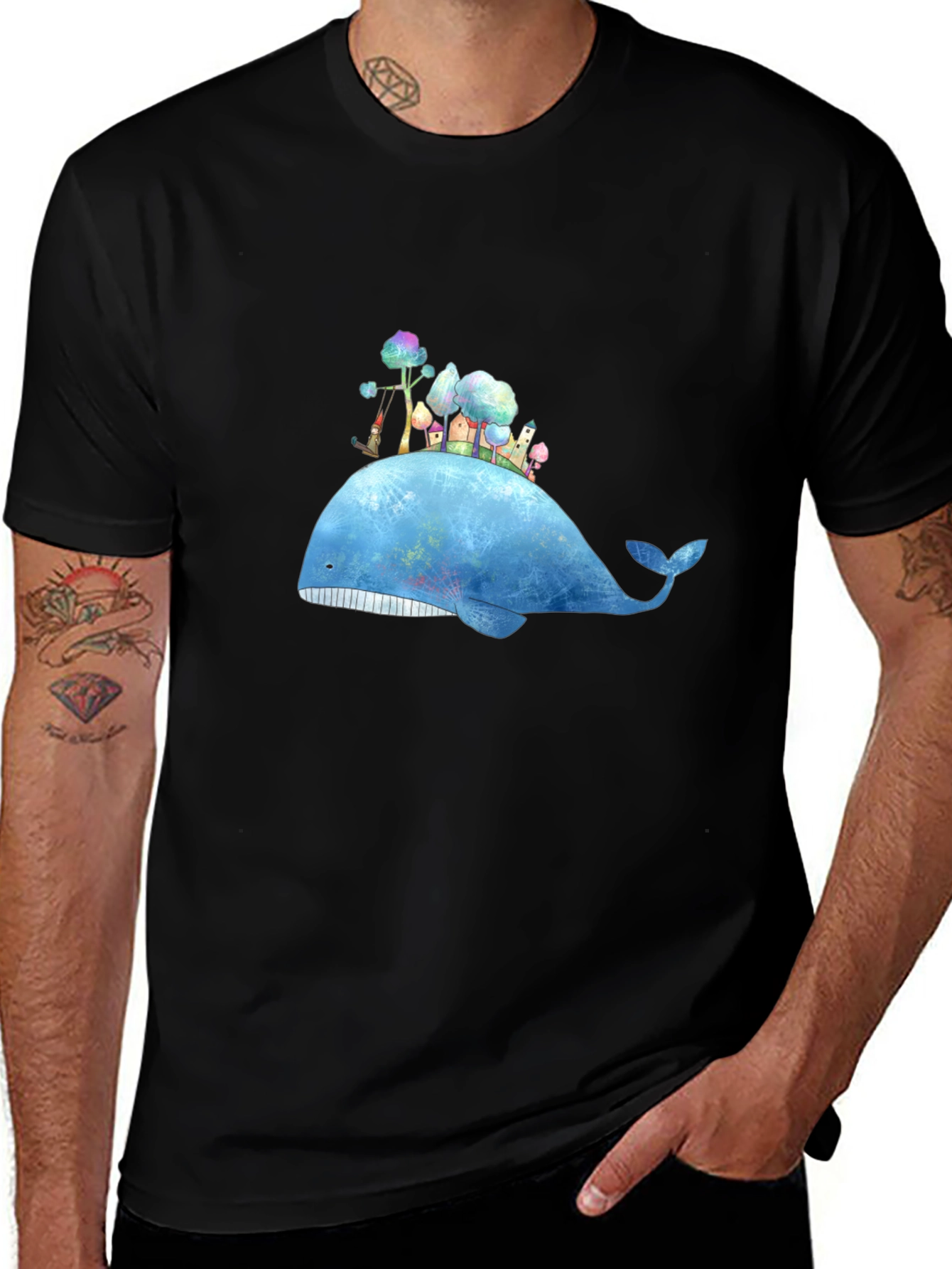 Whimsical Whale Island Graphic Tee - Black