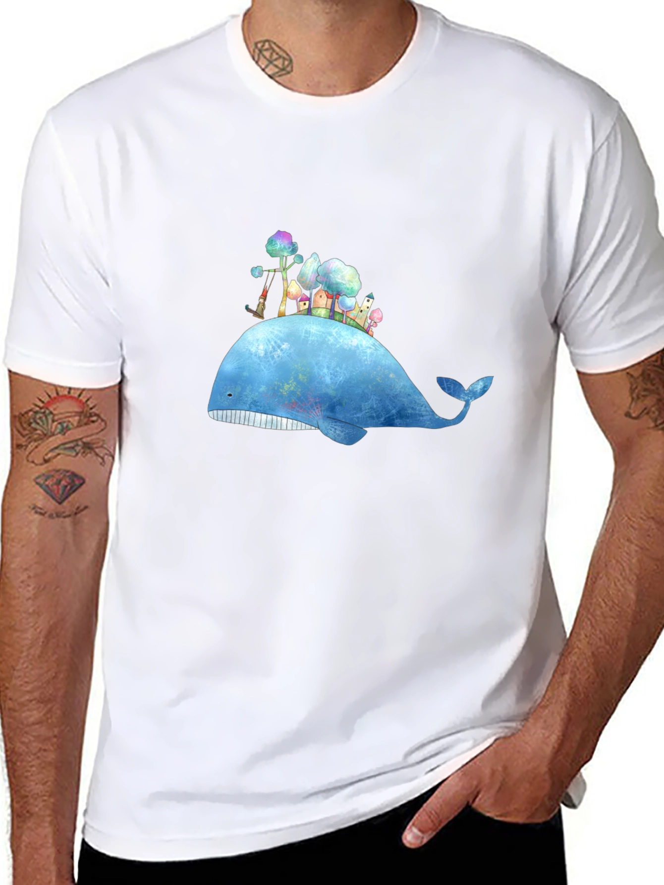 Whimsical Whale Island Graphic Tee - Black