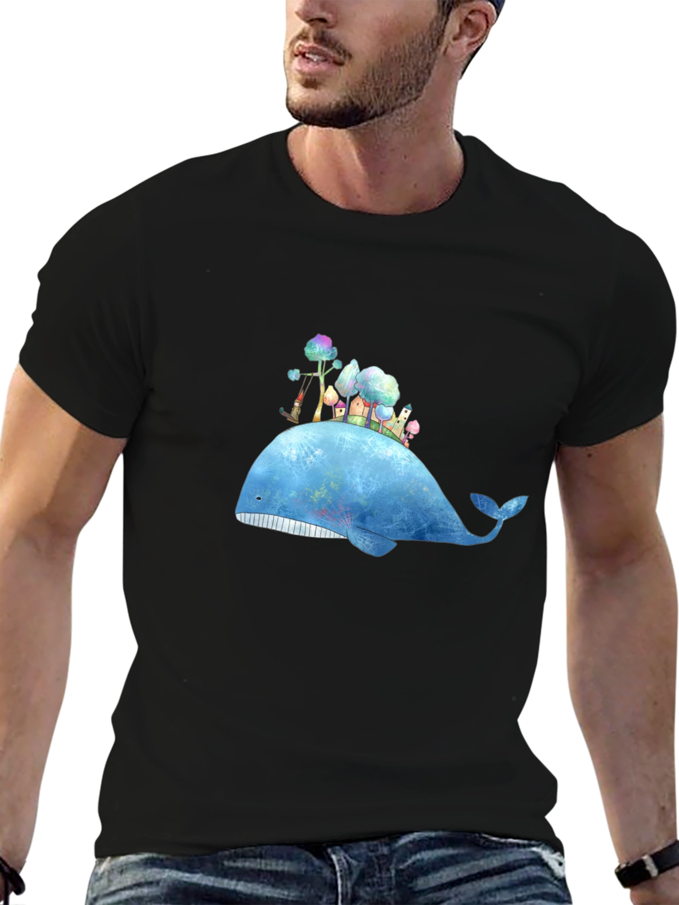 Whimsical Whale Island Graphic Tee - Black
