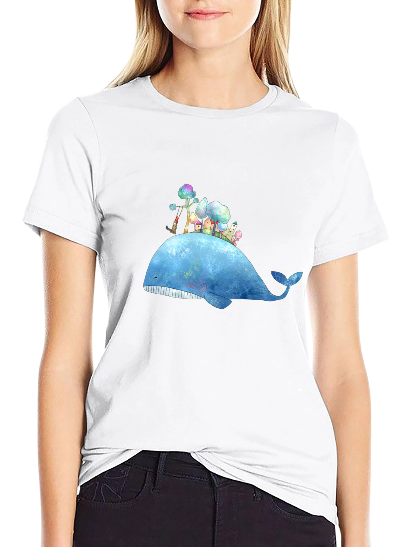 Whimsical Whale Island Graphic Tee - Black