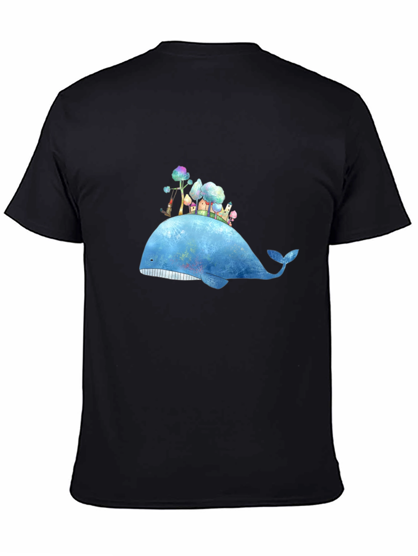 Whimsical Whale Island Graphic Tee - Black