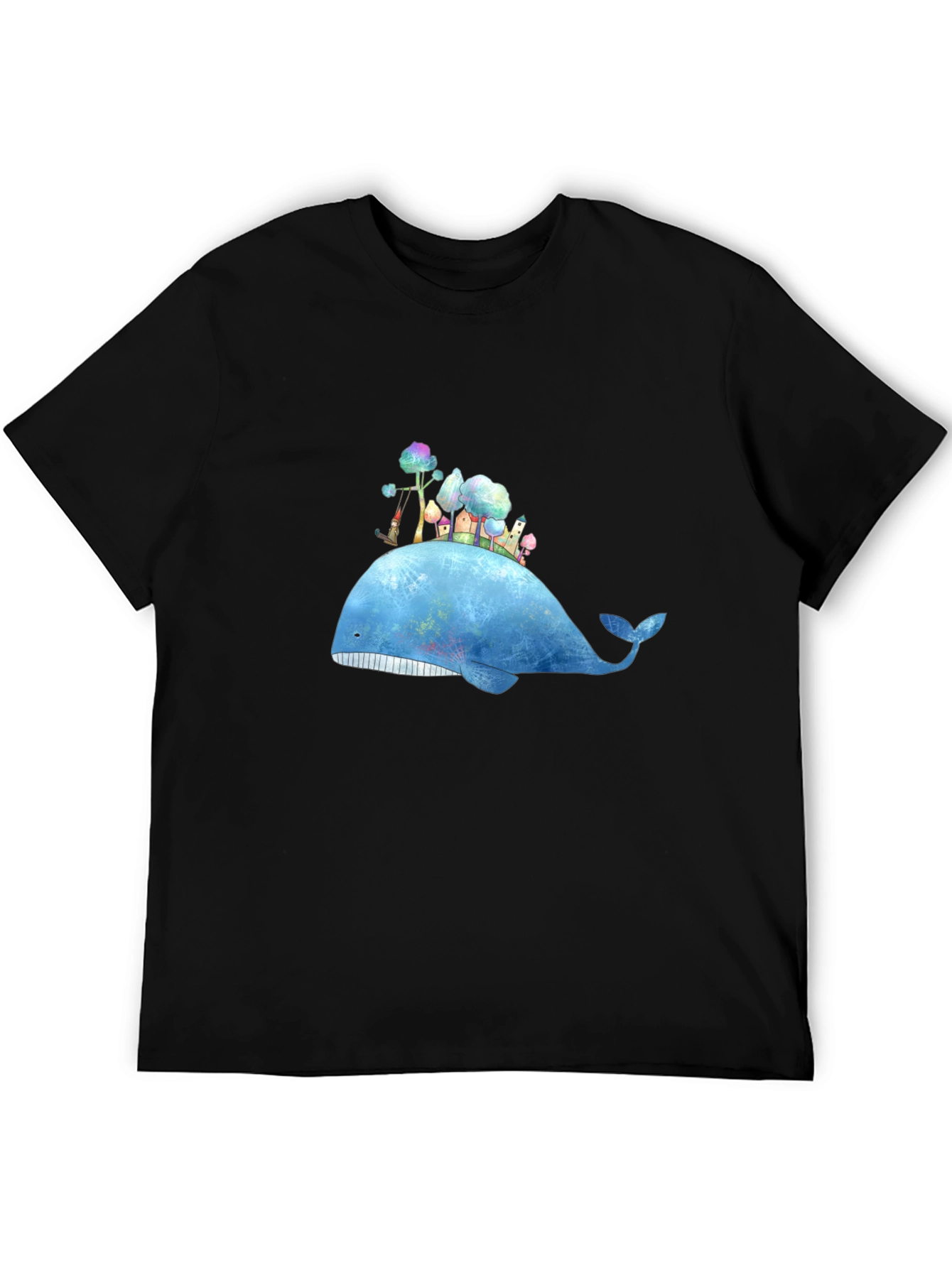 Whimsical Whale Island Graphic Tee - Black