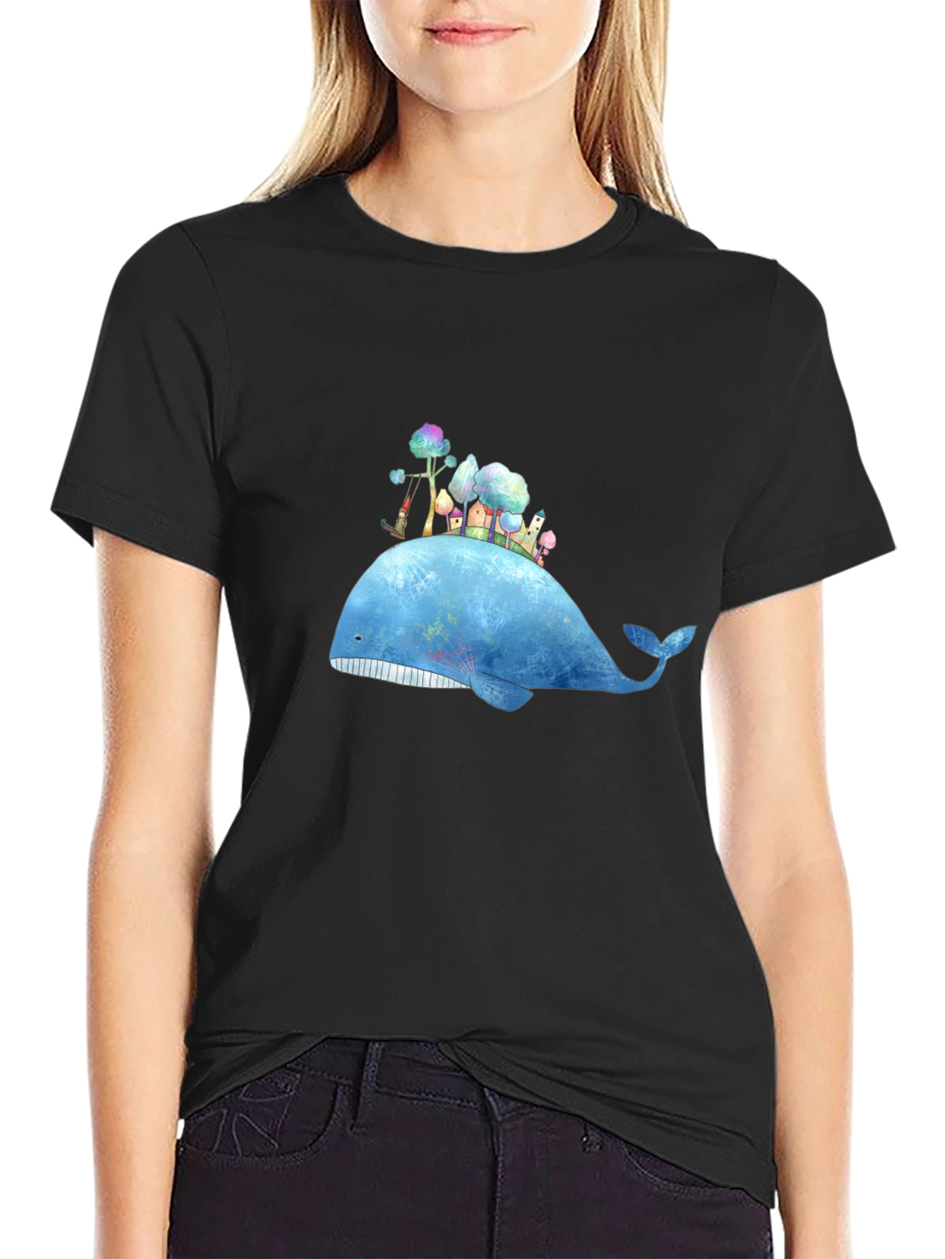 Whimsical Whale Island Graphic Tee - Black