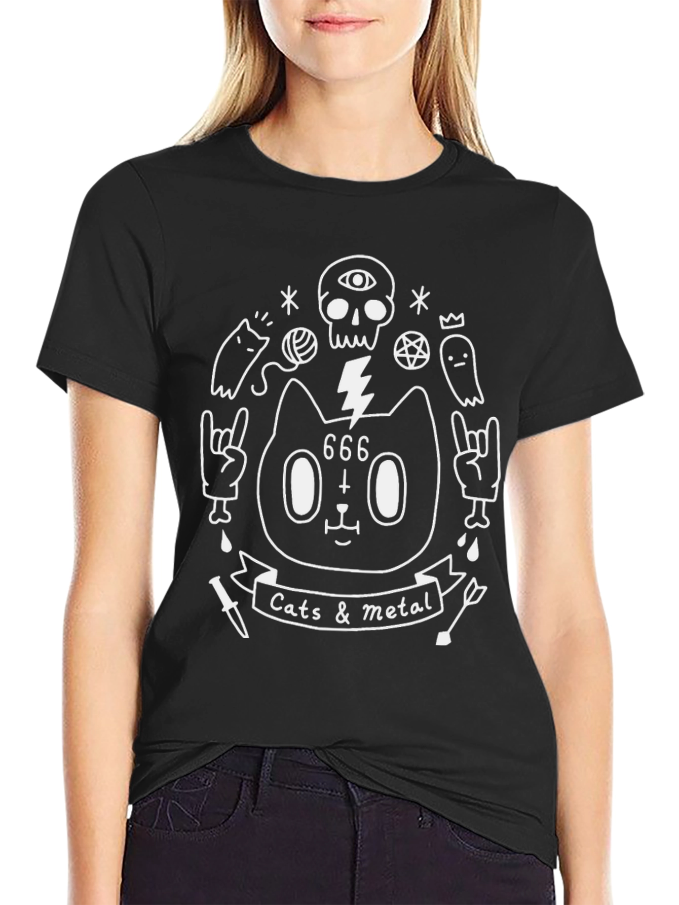 Cats & Metal Graphic Tee - Black Cotton T-Shirt