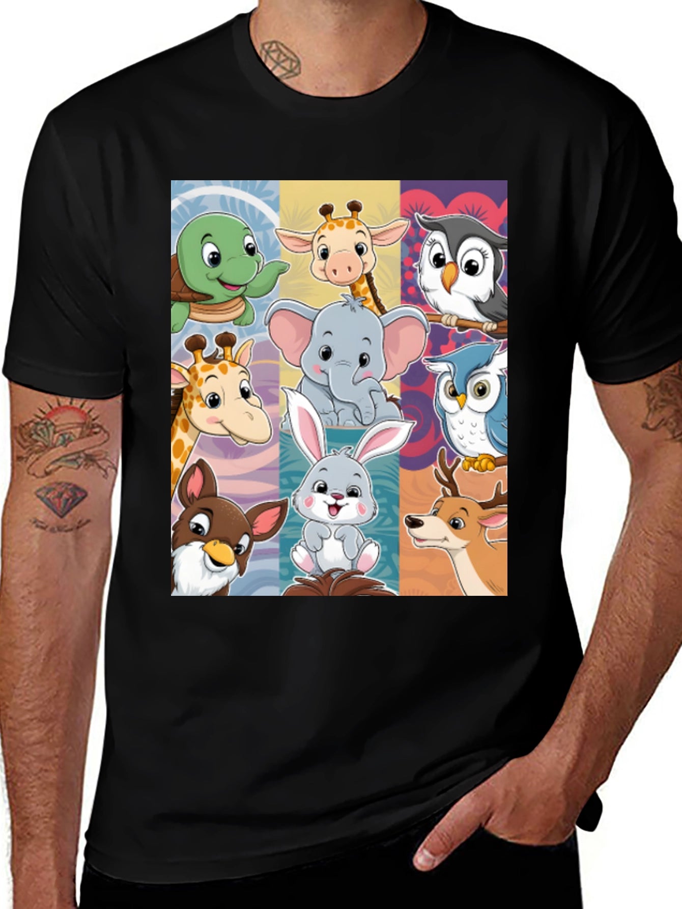 Cartoon Animal Collage Black T-Shirt