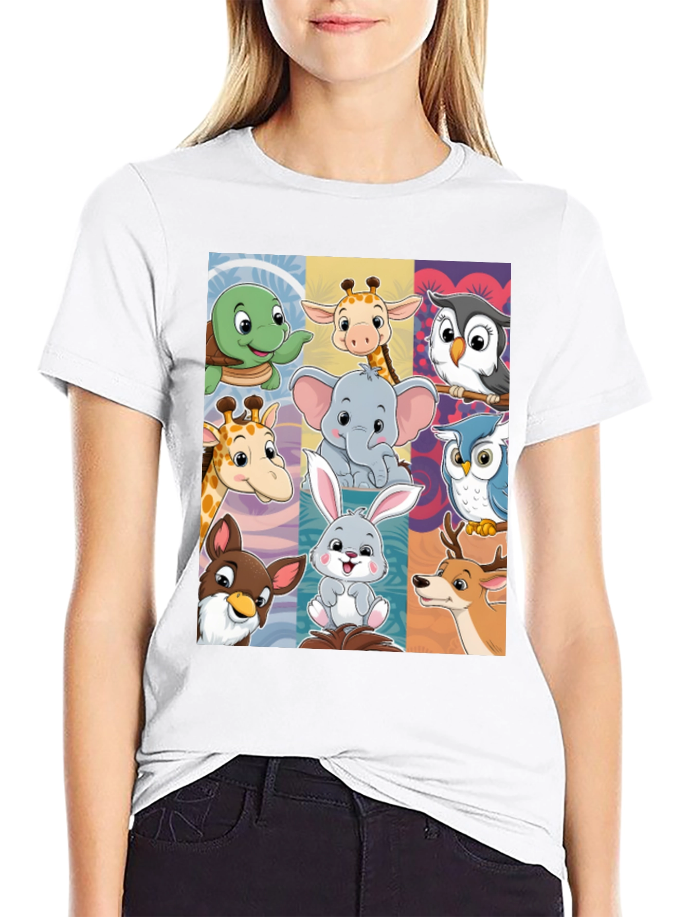 Cartoon Animal Collage Black T-Shirt