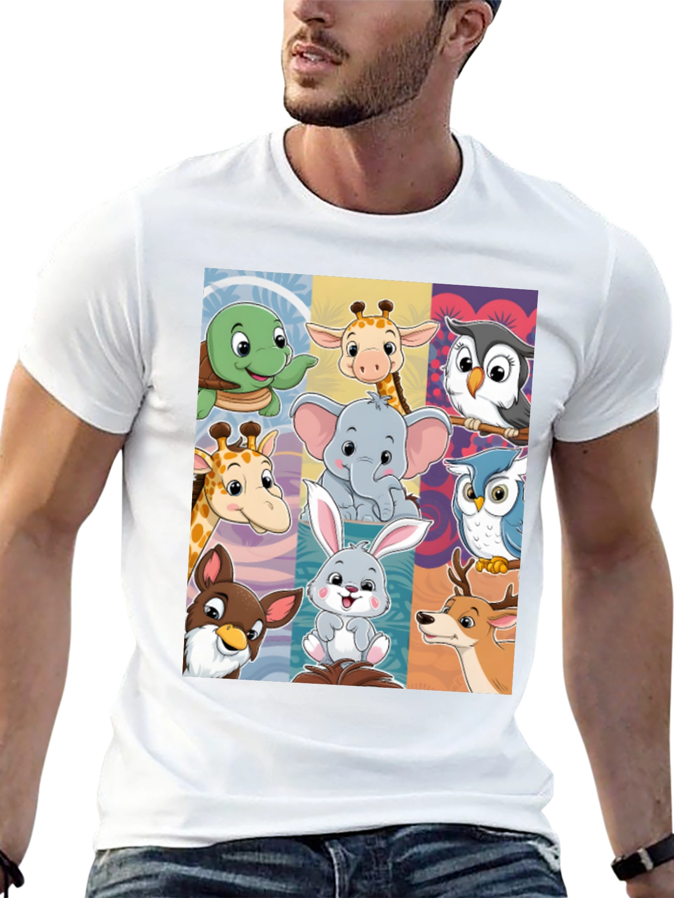 Cartoon Animal Collage Black T-Shirt