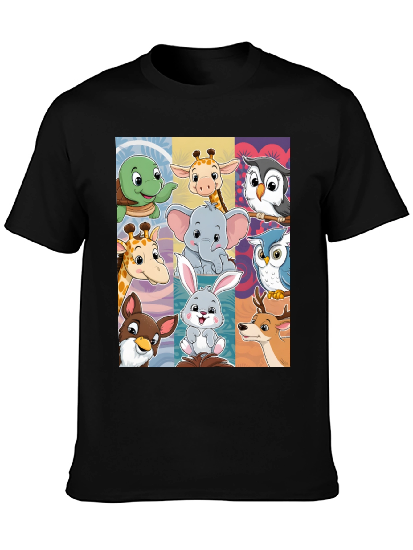 Cartoon Animal Collage Black T-Shirt