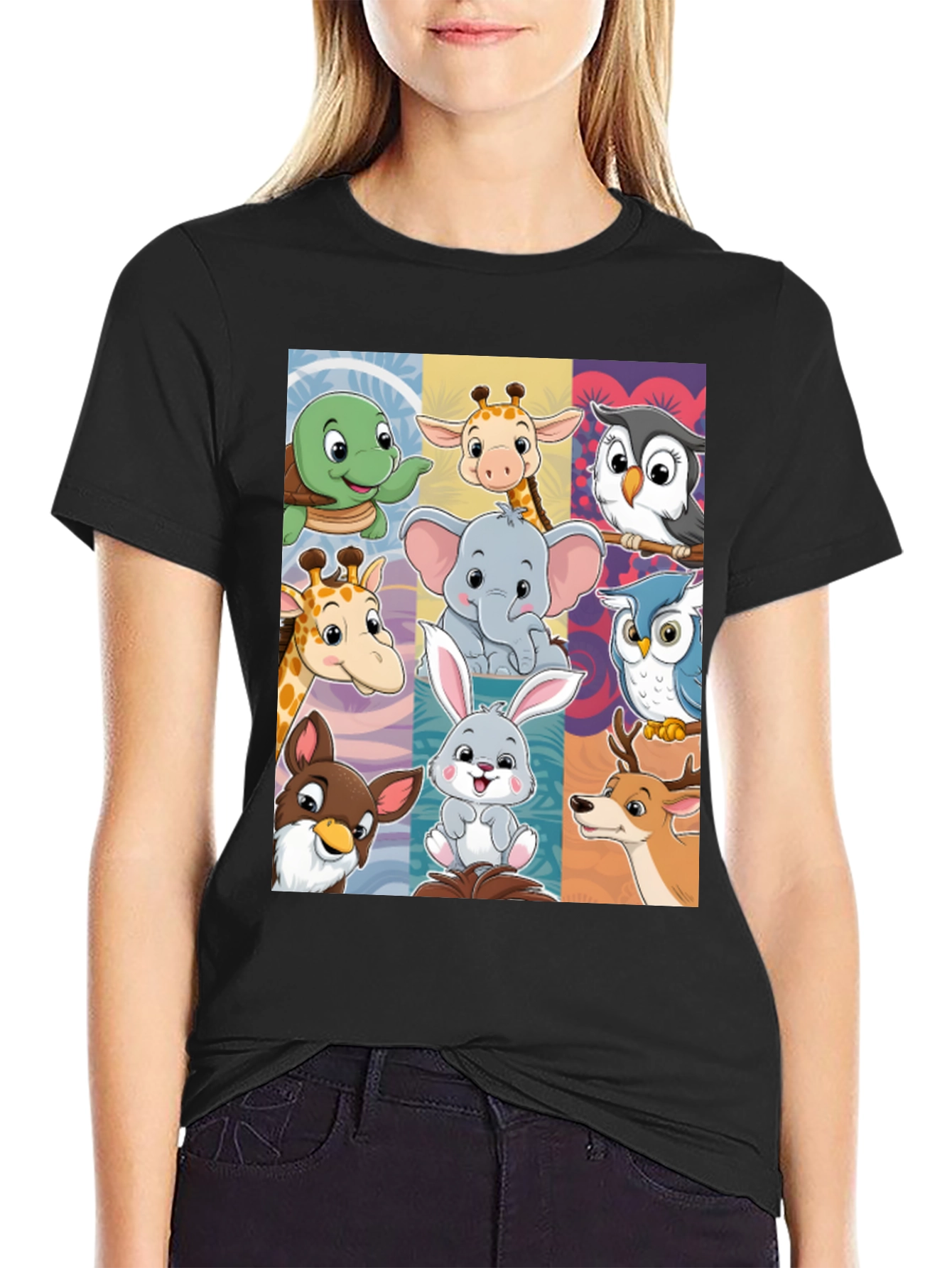 Cartoon Animal Collage Black T-Shirt