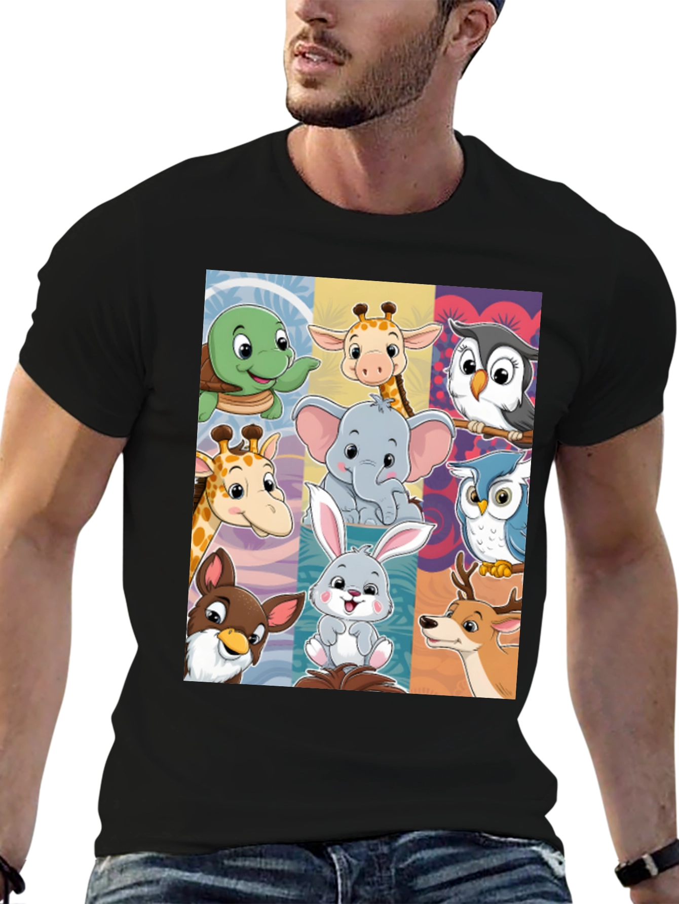 Cartoon Animal Collage Black T-Shirt