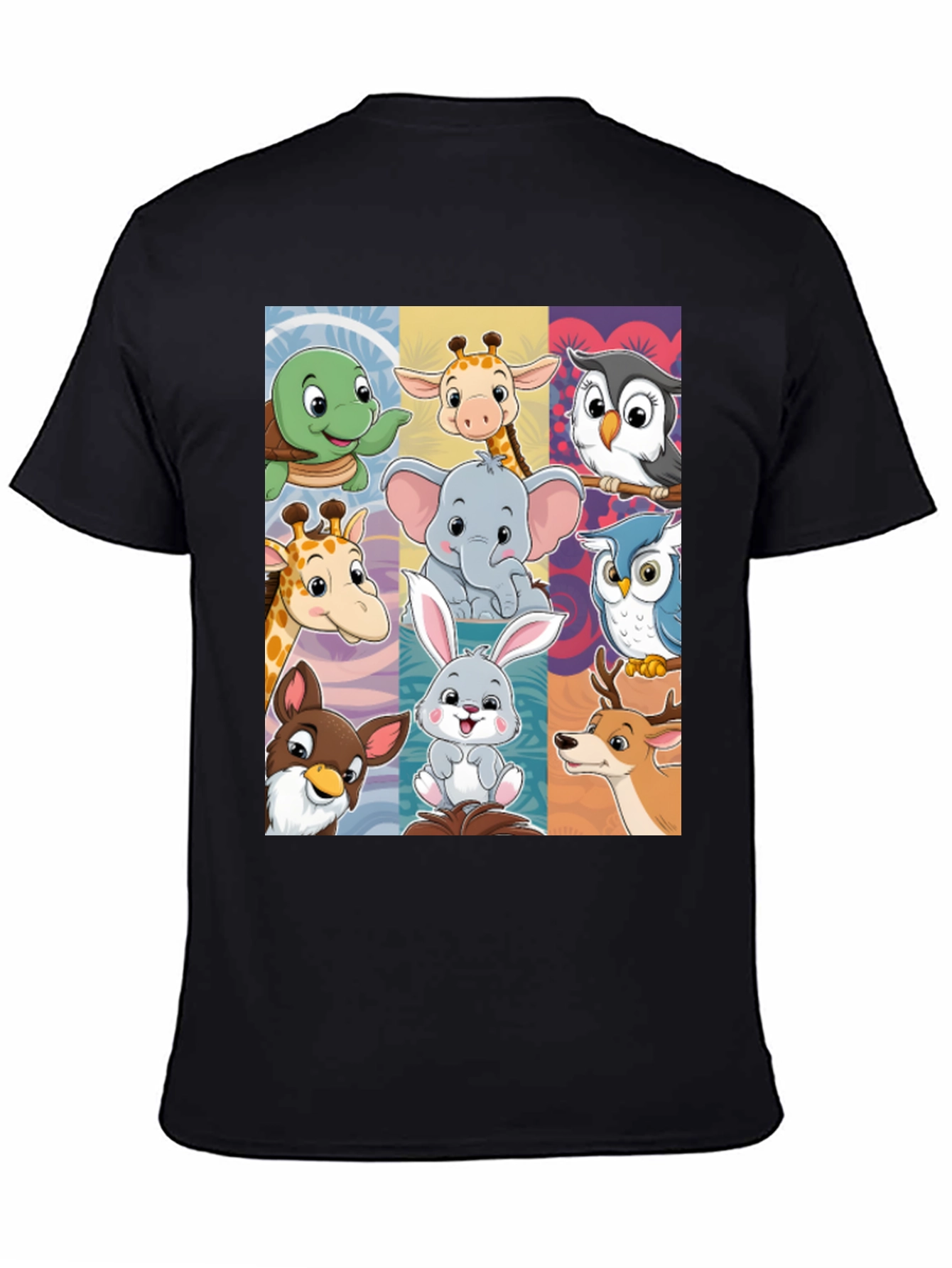 Cartoon Animal Collage Black T-Shirt
