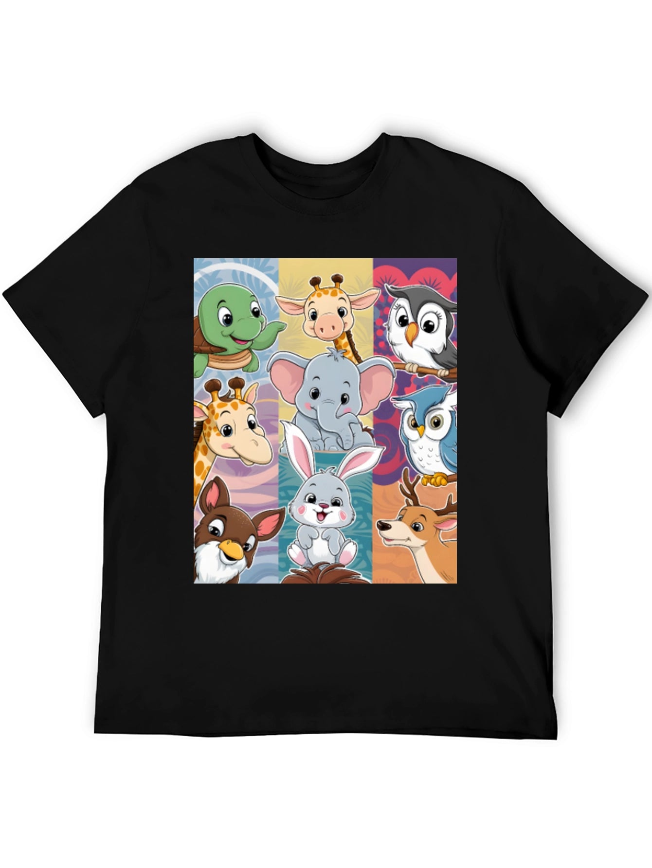 Cartoon Animal Collage Black T-Shirt