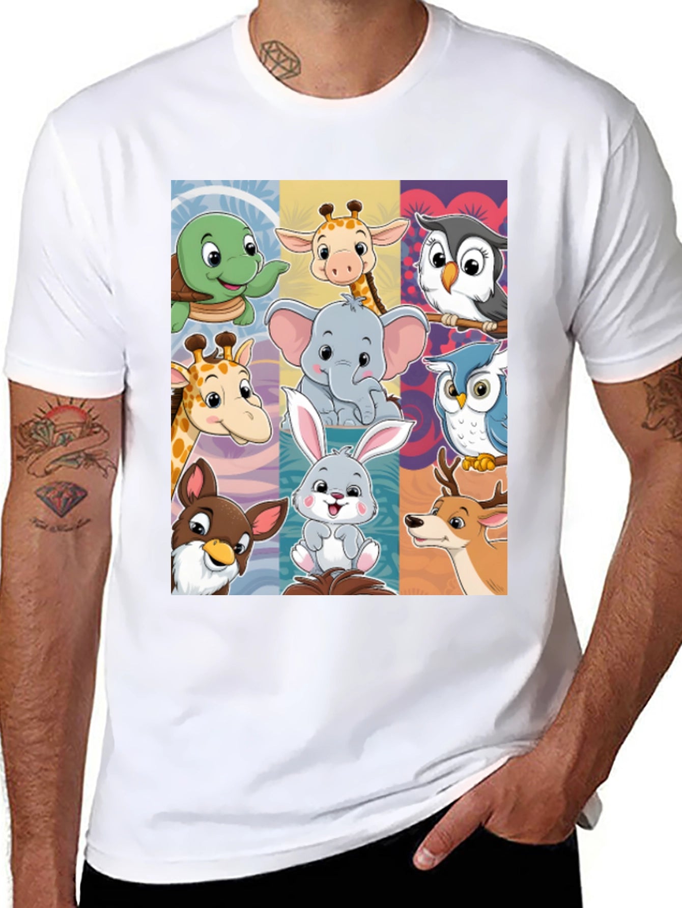 Cartoon Animal Collage Black T-Shirt