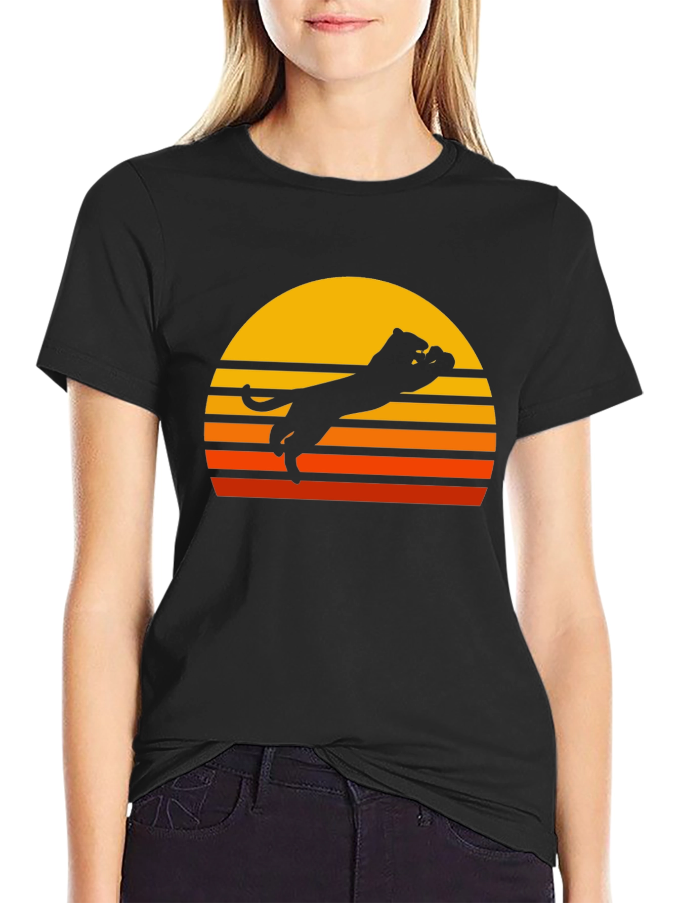 Retro Sunset Panther Black T-Shirt